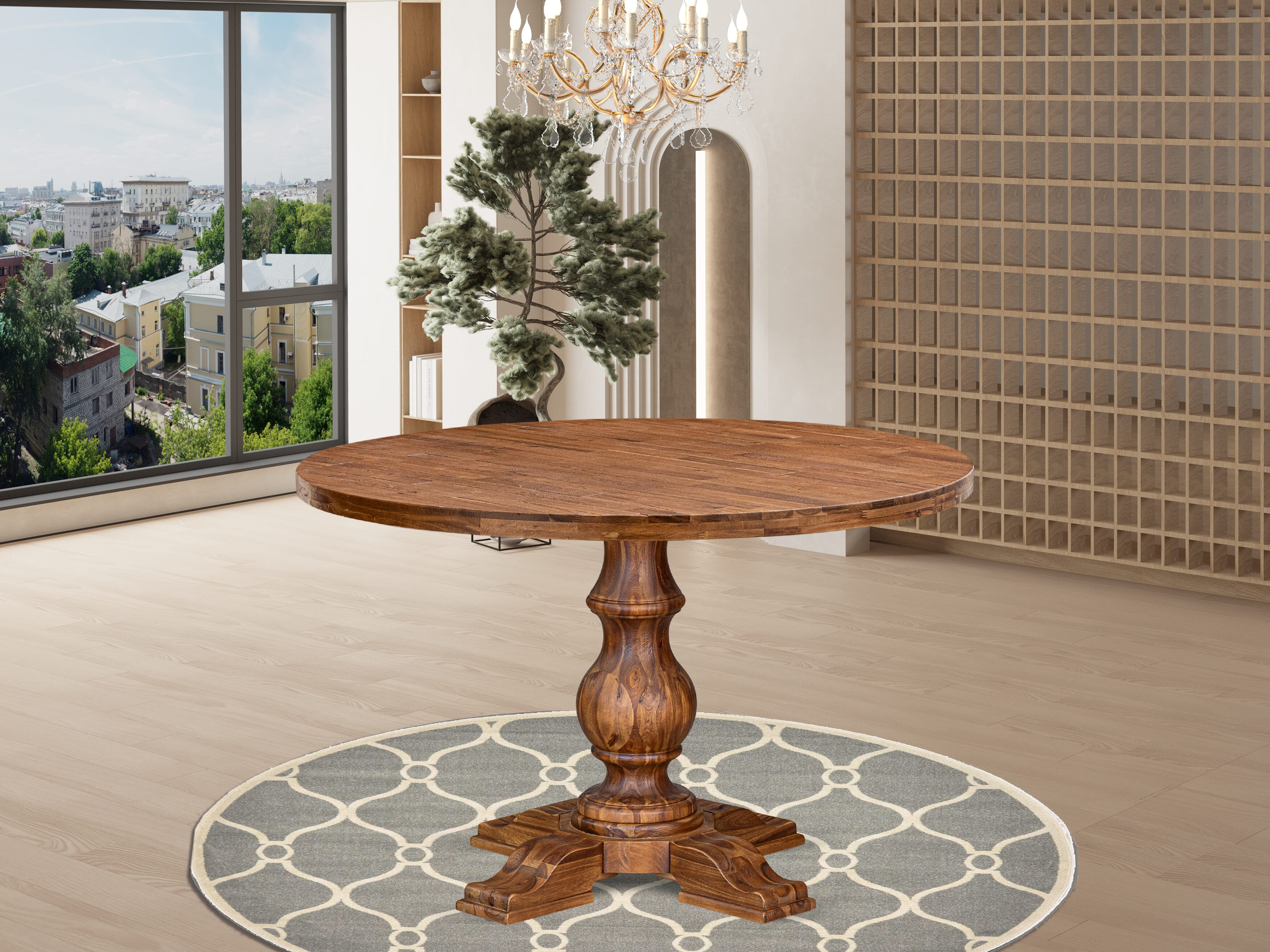 Luxe by East West Furniture I5DA7-40N-29 7-Piece Dining Table Set with Faux Leather 6 Navy Blue upholstered chairs, Button-Tufted Backs, and a 48"Round Table in Antique Walnut Finish.