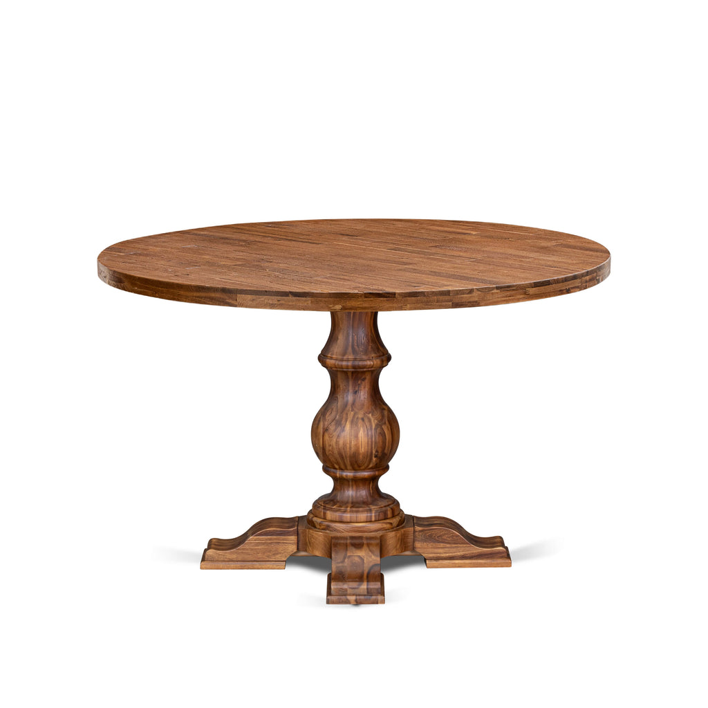 Luxe by East West Furniture I5DA7-40N-32 7-Piece Kitchen Table Set with Linen Fabric 6 Light Beige dining room chairs, Button-Tufted Backs, and a 48"Round Kitchen Table in Antique Walnut Finish.