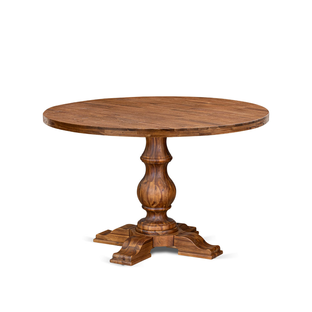 Luxe by East West Furniture I5DA7-40N-32 7-Piece Kitchen Table Set with Linen Fabric 6 Light Beige dining room chairs, Button-Tufted Backs, and a 48"Round Kitchen Table in Antique Walnut Finish.