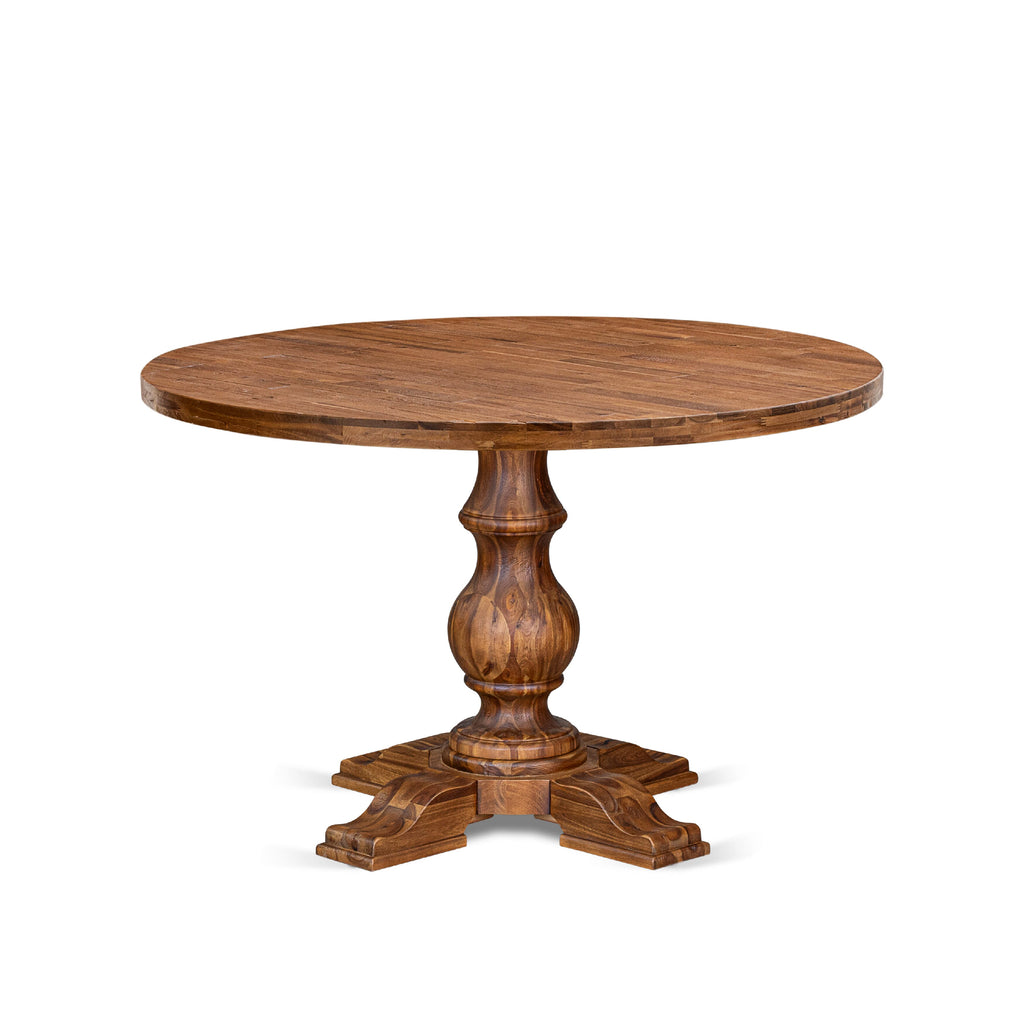 Luxe by East West Furniture I5DA7-40N-32 7-Piece Kitchen Table Set with Linen Fabric 6 Light Beige dining room chairs, Button-Tufted Backs, and a 48"Round Kitchen Table in Antique Walnut Finish.