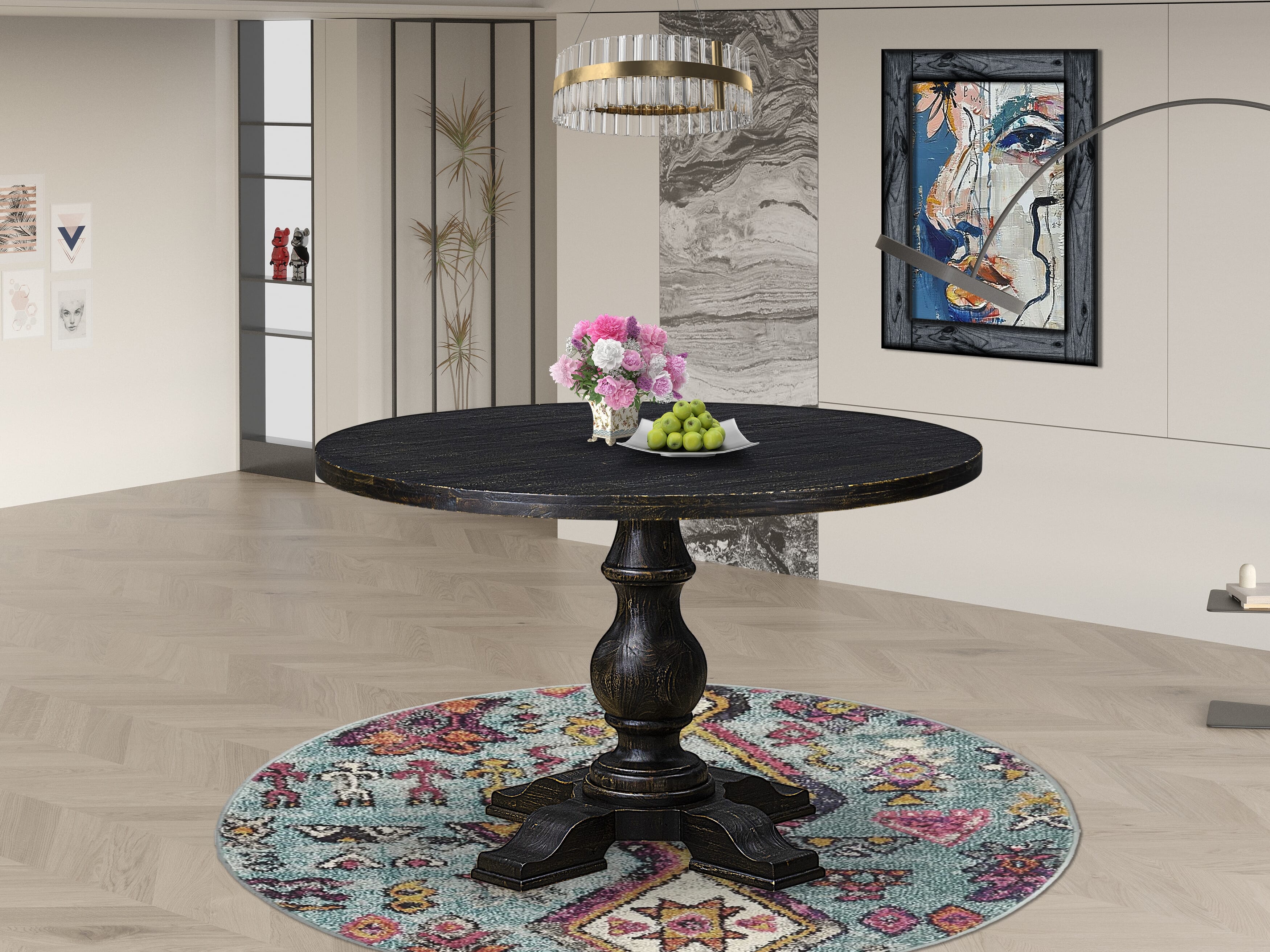Luxe by East West Furniture I5DA5-411-13 5-piece Kitchen Table Set with Faux Leather 4 Platinum Gray dining room chairs, Button-Tufted Backs, and a 48"Round Kitchen Table in Sand Blasted Black Finish.