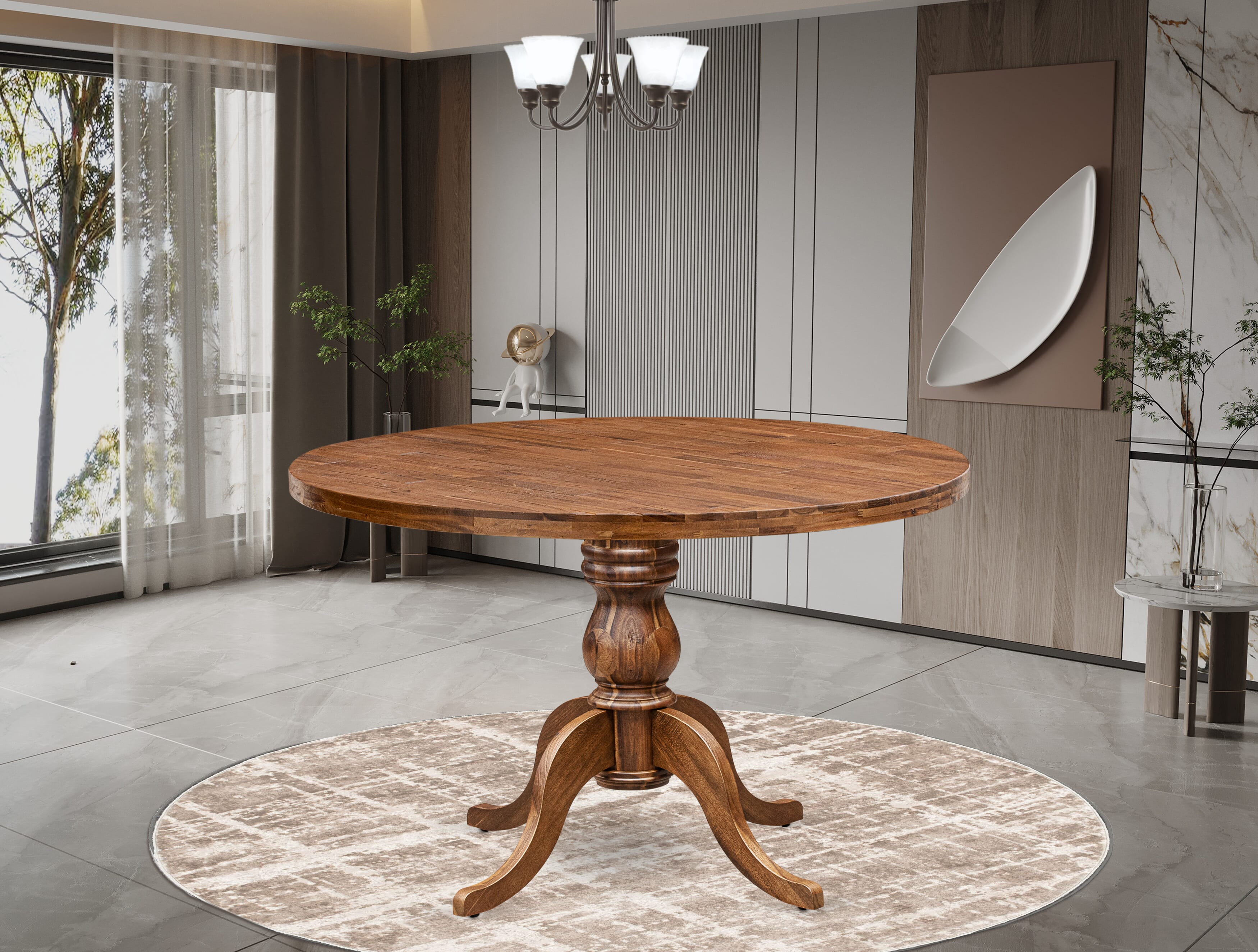 Luxe by East West Furniture - I6FO7-40N-18 - 7-Pc Mid Century Modern Dining Set Contains A Modern Table and 6 Brown Linen Fabric Chairs with Button Tufted Back, Antique Walnut