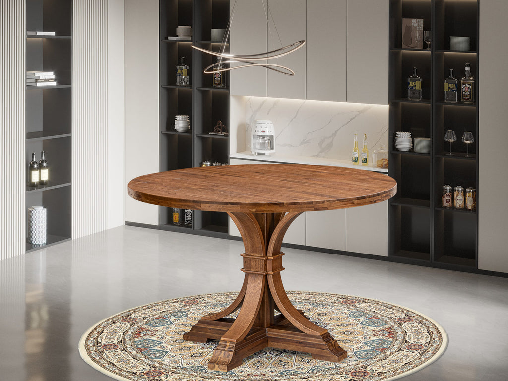Luxe by East West Furniture - IR7-0N-TP - A Wood Dinner table with a Round Tabletop and Stylish Pedestal – Antique Walnut Finish.