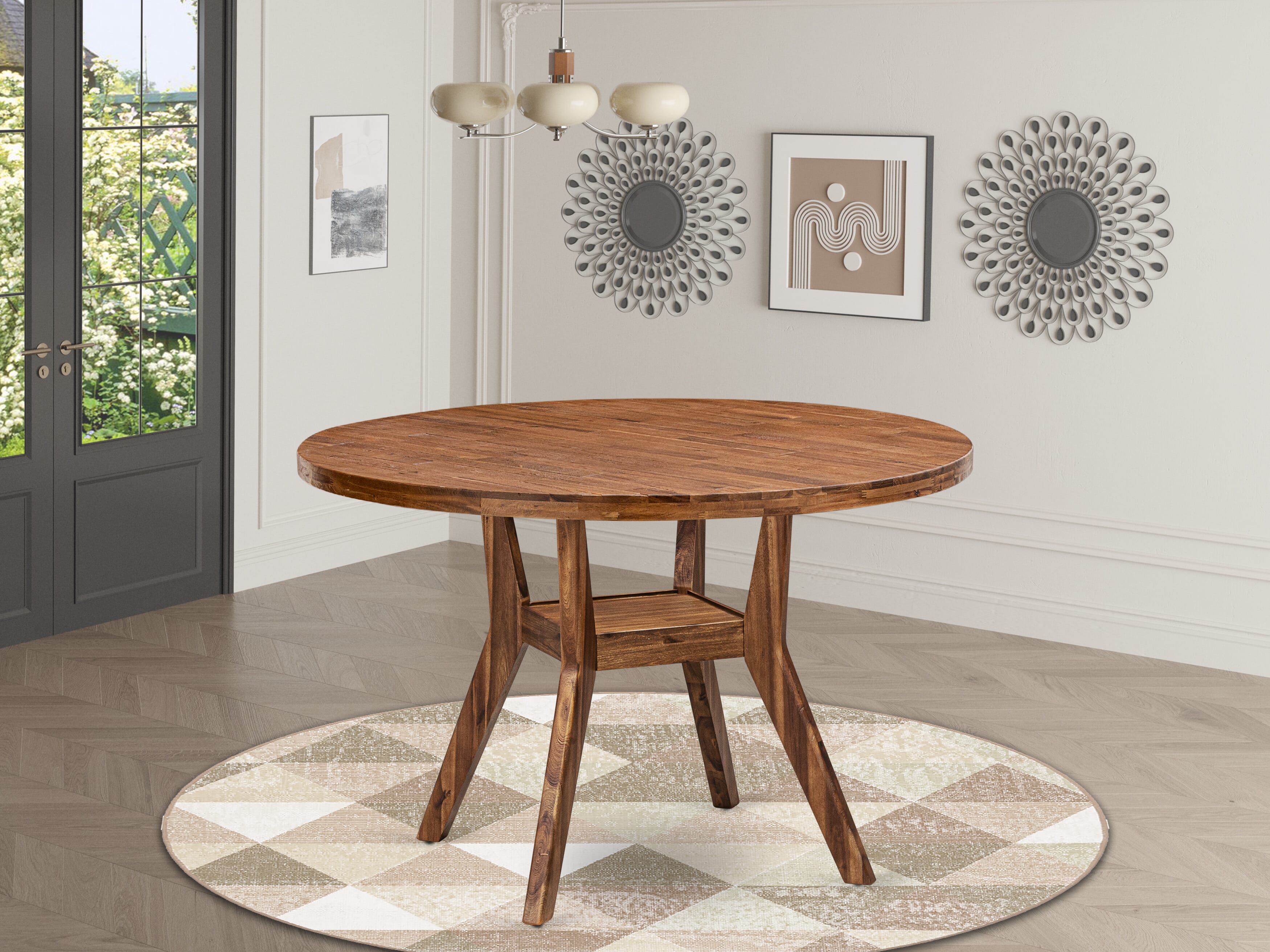 Luxe by East West Furniture I8VE7-40N-04 7 Piece Dining Set Consists of a 48" Round Table with Pedestal and 6 Light Tan Linen Fabric Upholstered Chairs, Antique Walnut