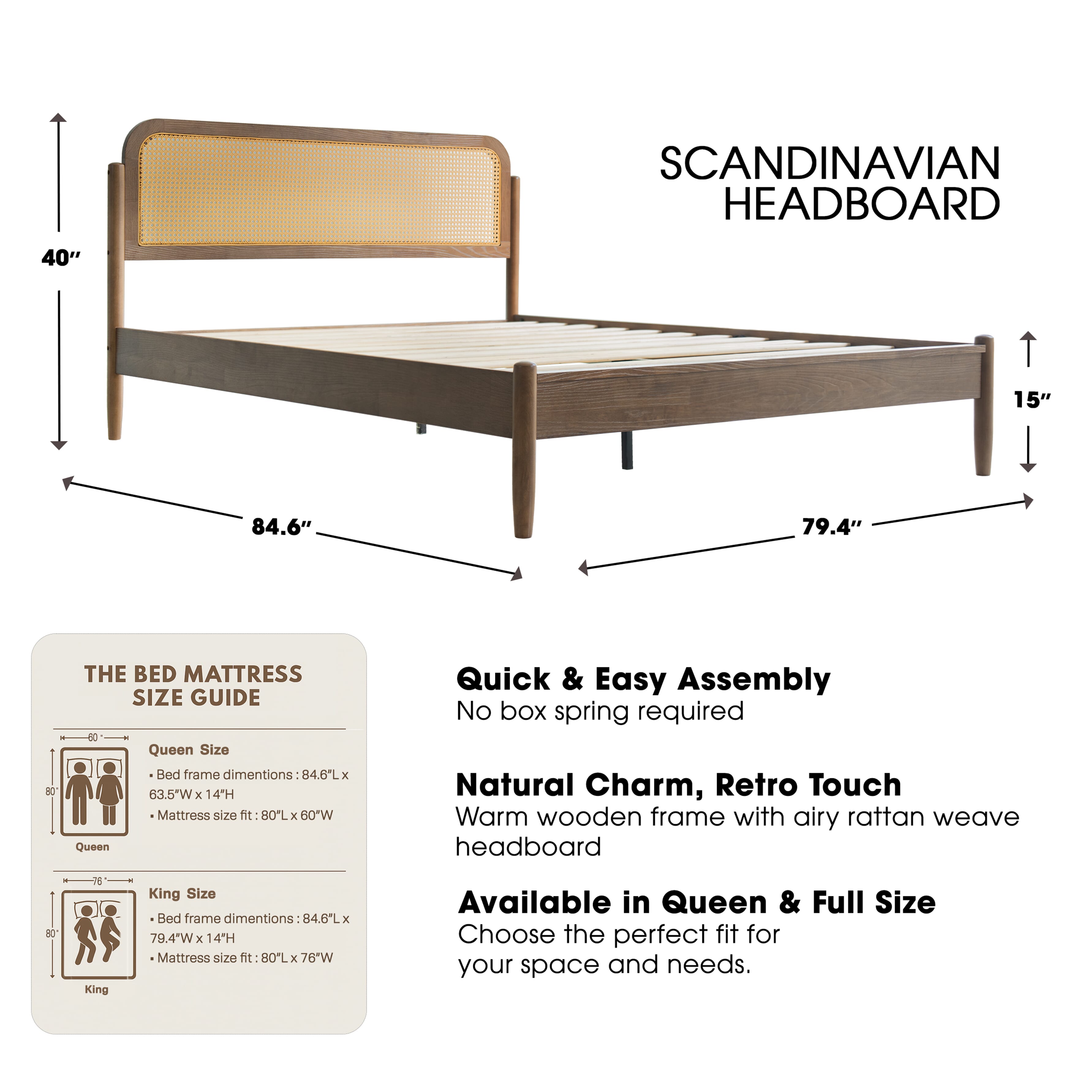 King Size Bed Frame, Headboard & Footboard Solid Wood Platform Bed, 12 Sturdy Slatted Base with Center Metal Legs, Easy Assembly, Noise-Free & Slip-Free, No Box Spring Needed, Barnwood Finish, JMK-30