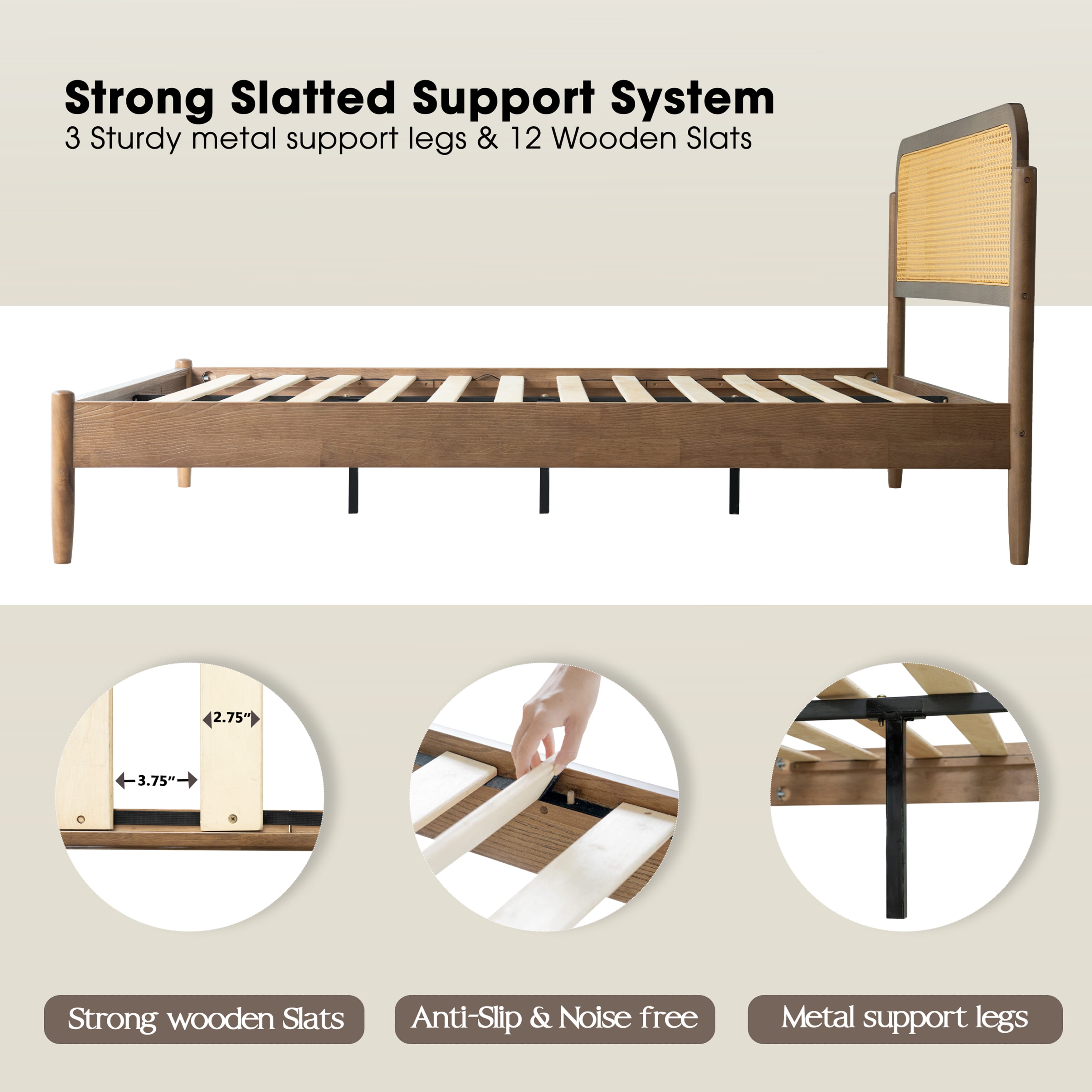 King Size Bed Frame, Headboard & Footboard Solid Wood Platform Bed, 12 Sturdy Slatted Base with Center Metal Legs, Easy Assembly, Noise-Free & Slip-Free, No Box Spring Needed, Barnwood Finish, JMK-30