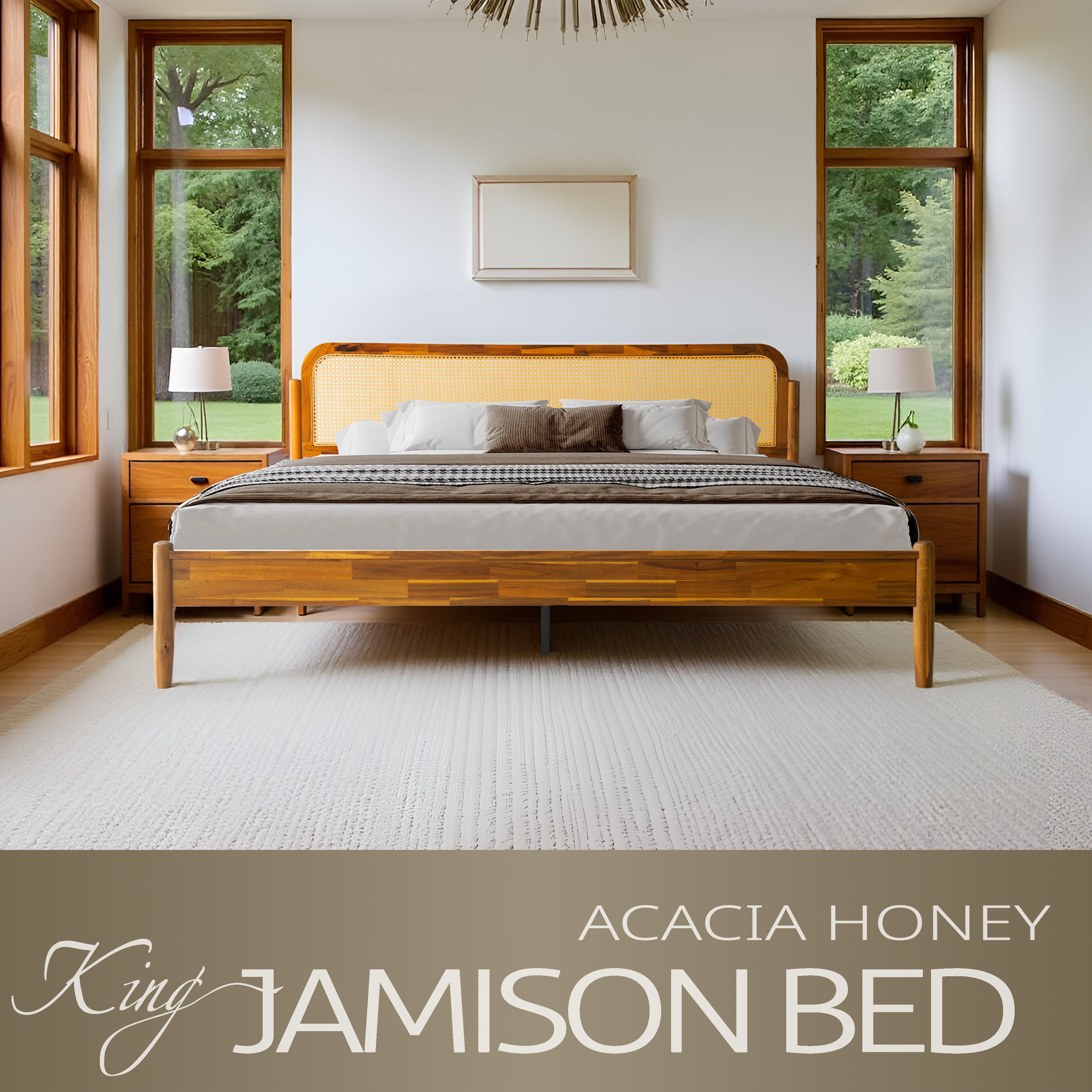 King Size Bed Frame Solid Wood Platform Bed with Headboard & Footboard, 12 Sturdy Slatted Base, Metal Legs, No Box Spring Needed, Noise-Free & Slip-Free, Easy Assembly, Acacia Honey Finish, JMK-38