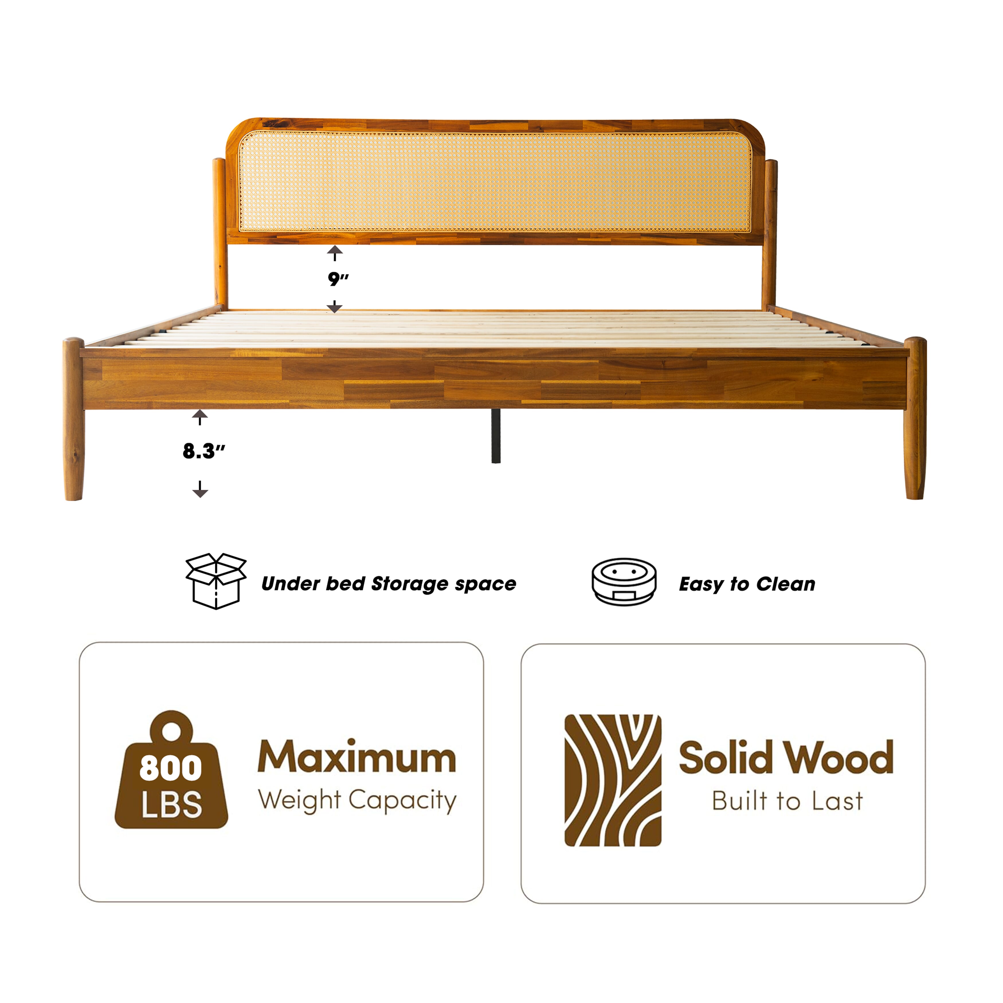 King Size Bed Frame Solid Wood Platform Bed with Headboard & Footboard, 12 Sturdy Slatted Base, Metal Legs, No Box Spring Needed, Noise-Free & Slip-Free, Easy Assembly, Acacia Honey Finish, JMK-38