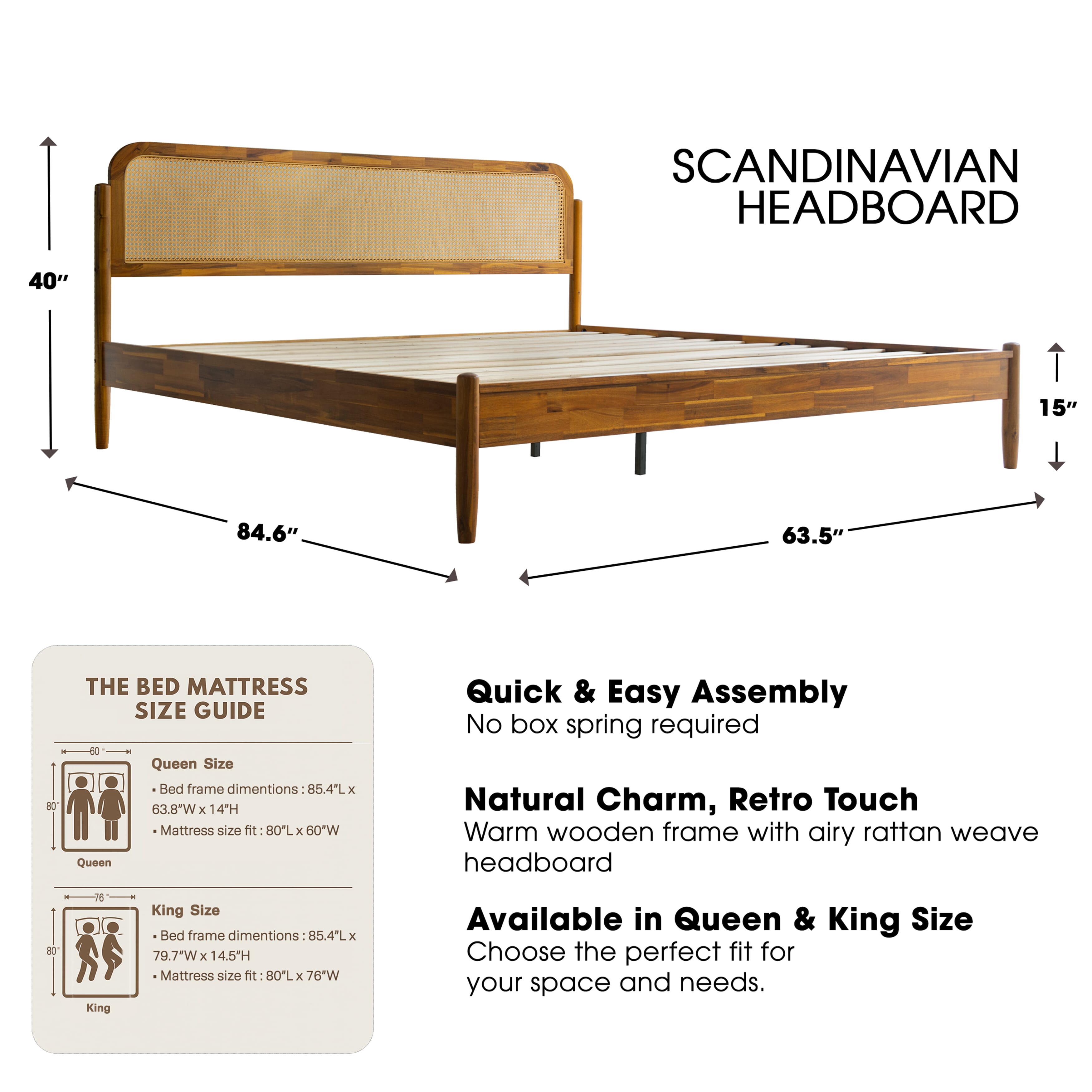 King Size Bed Frame Solid Wood Platform Bed with Headboard & Footboard, 12 Sturdy Slatted Base, Metal Legs, No Box Spring Needed, Noise-Free & Slip-Free, Easy Assembly, Acacia Honey Finish, JMK-38