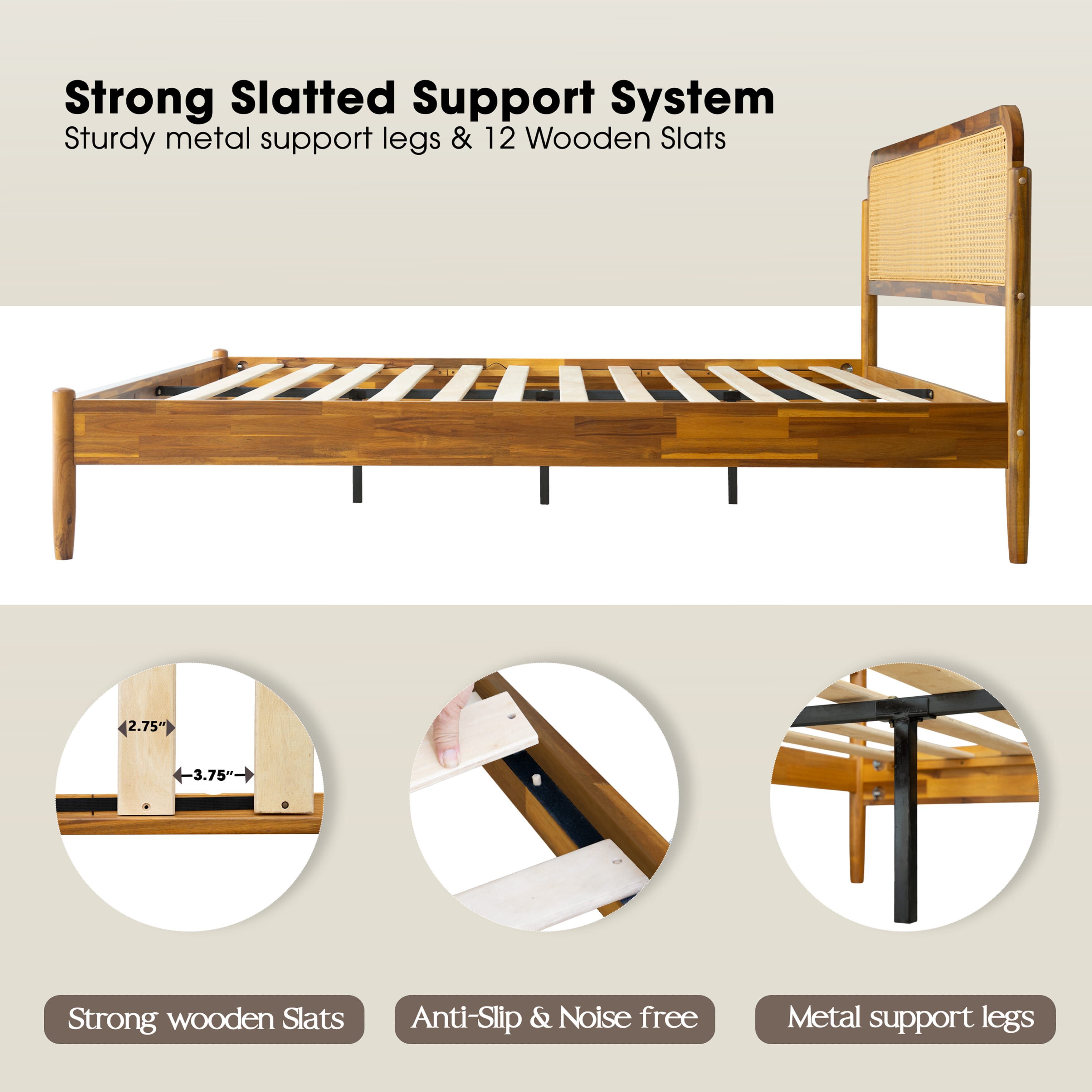 King Size Bed Frame Solid Wood Platform Bed with Headboard & Footboard, 12 Sturdy Slatted Base, Metal Legs, No Box Spring Needed, Noise-Free & Slip-Free, Easy Assembly, Acacia Honey Finish, JMK-38