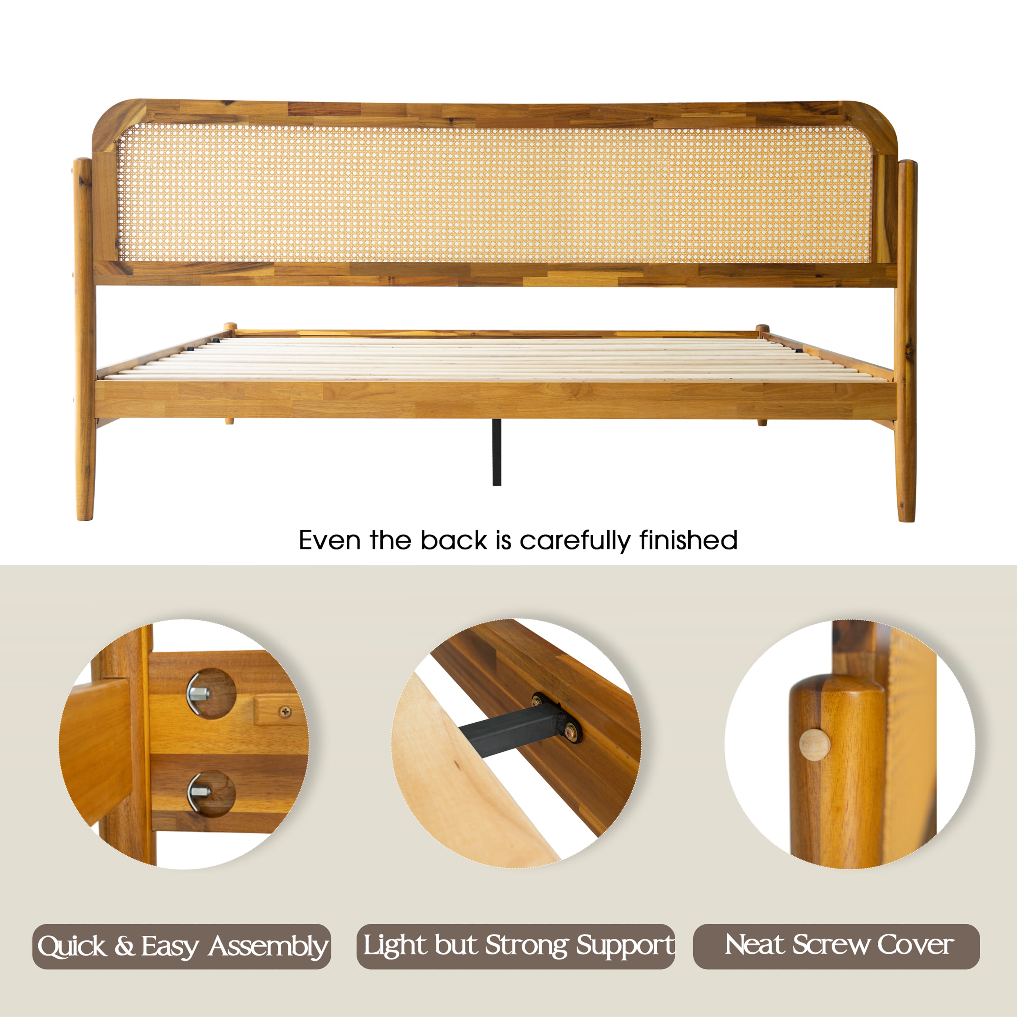 King Size Bed Frame Solid Wood Platform Bed with Headboard & Footboard, 12 Sturdy Slatted Base, Metal Legs, No Box Spring Needed, Noise-Free & Slip-Free, Easy Assembly, Acacia Honey Finish, JMK-38