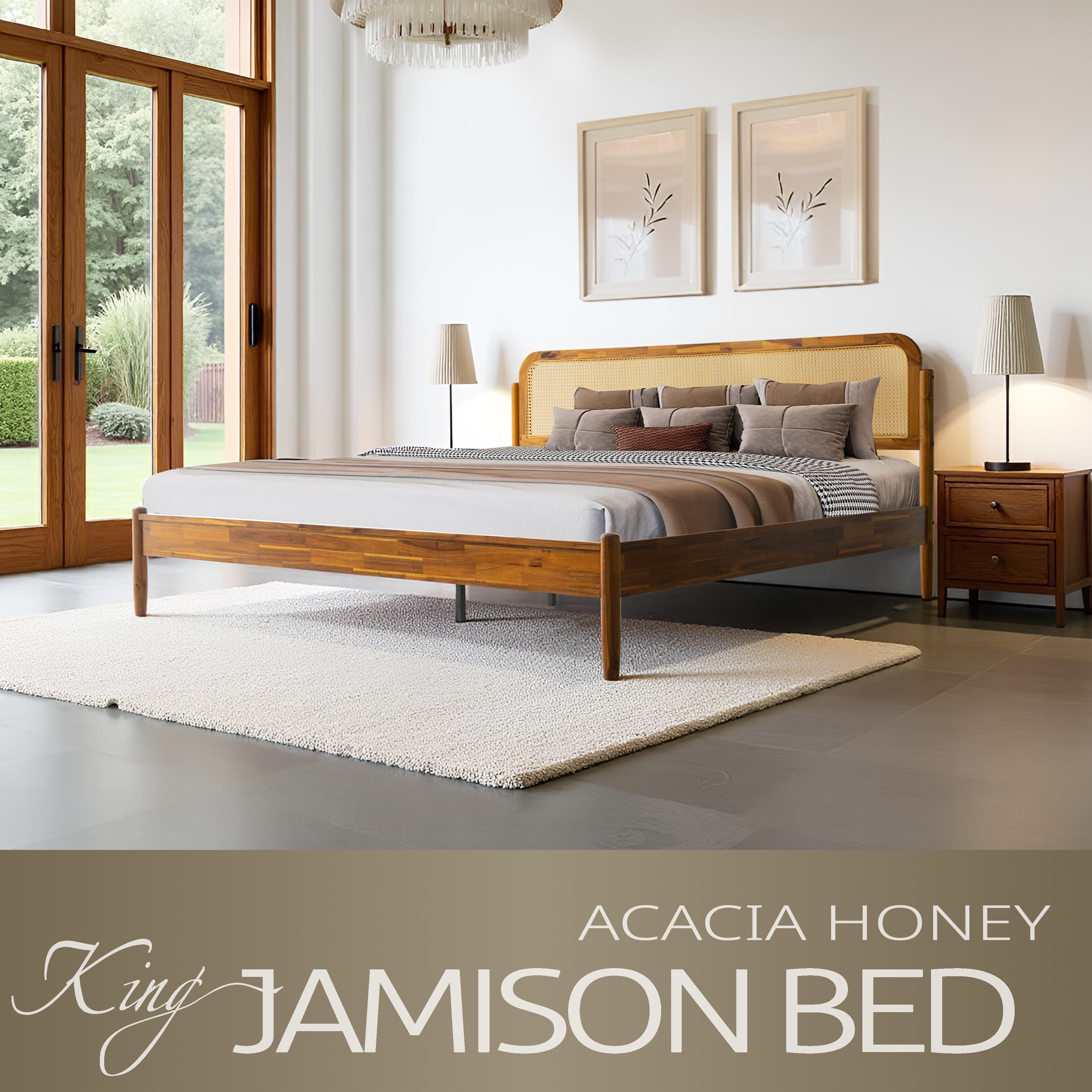 King Size Bed Frame Solid Wood Platform Bed with Headboard & Footboard, 12 Sturdy Slatted Base, Metal Legs, No Box Spring Needed, Noise-Free & Slip-Free, Easy Assembly, Acacia Honey Finish, JMK-38