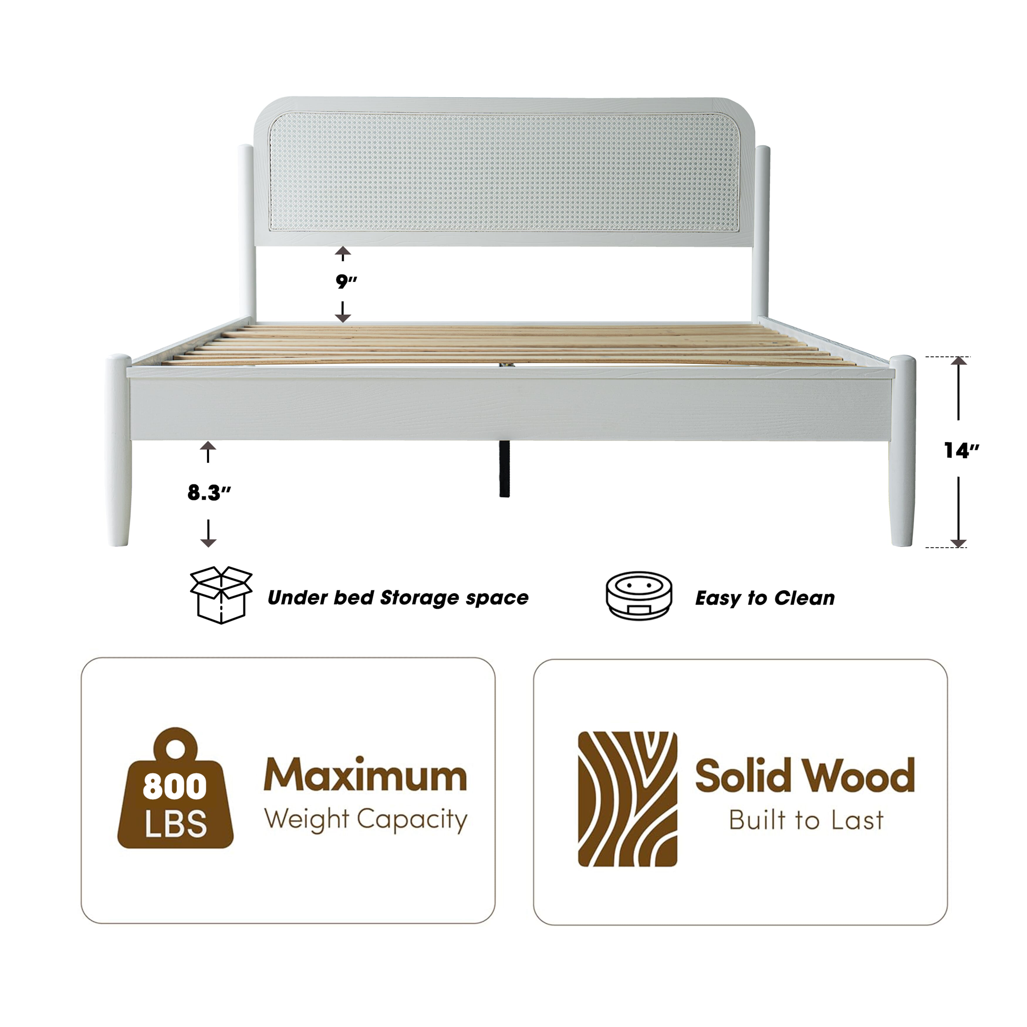 King Size Frame Solid Wood Platform Bed, Headboard & Footboard, 12 Durable Slatted Base, Metal Legs, No Box Spring Needed, Anti-Slip & Noise-Free, Easy Assembly, Pure White Finish, JMK-39