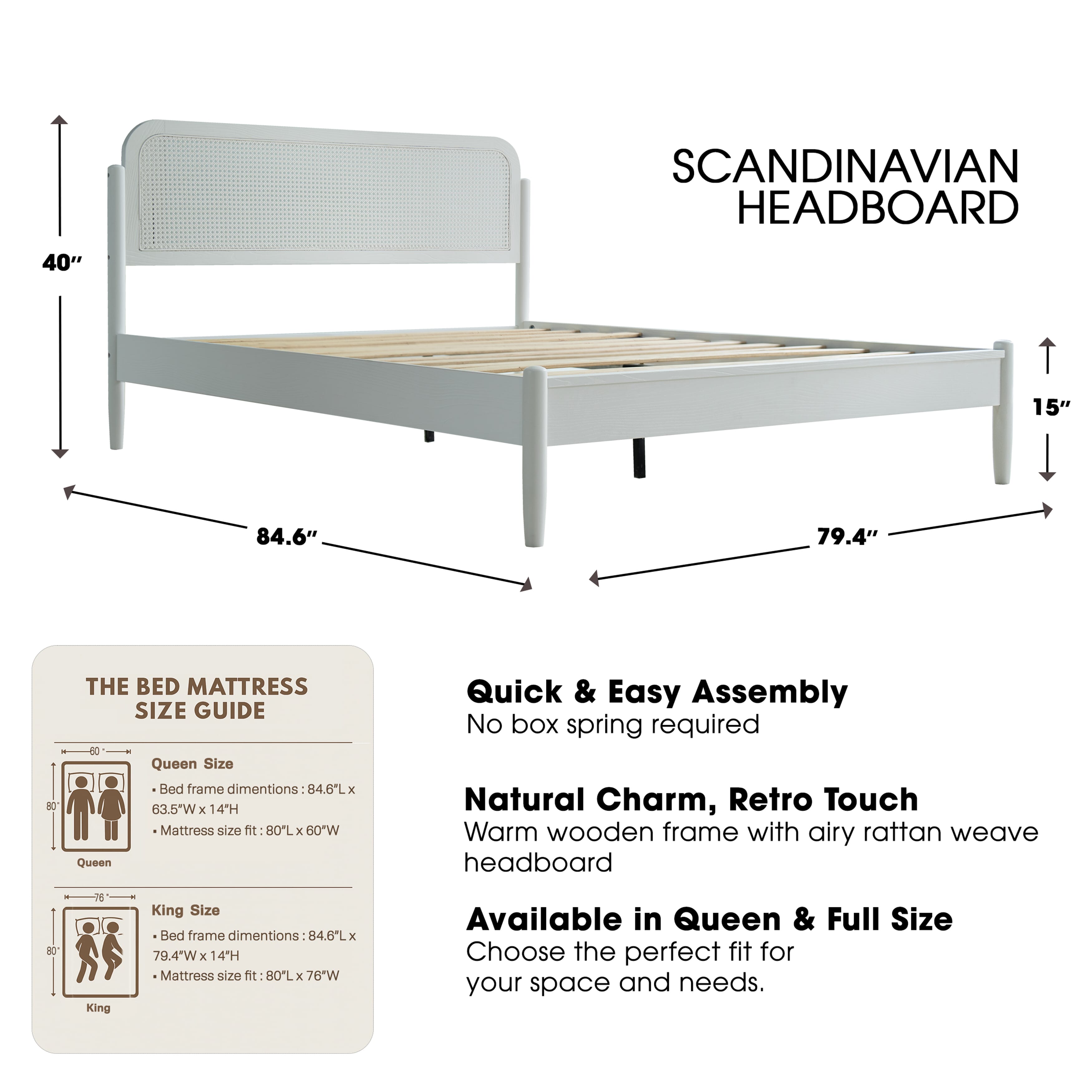 King Size Frame Solid Wood Platform Bed, Headboard & Footboard, 12 Durable Slatted Base, Metal Legs, No Box Spring Needed, Anti-Slip & Noise-Free, Easy Assembly, Pure White Finish, JMK-39
