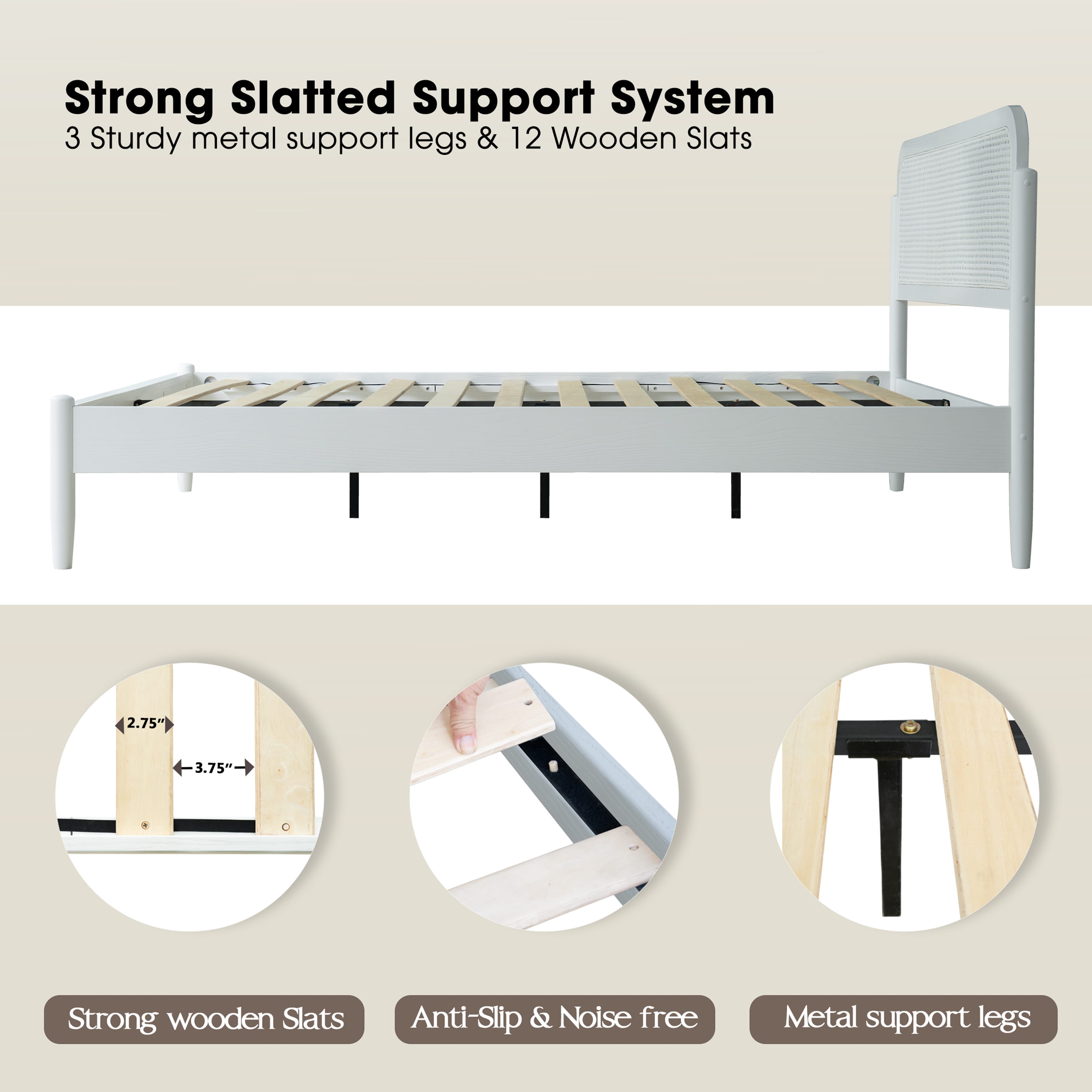 King Size Frame Solid Wood Platform Bed, Headboard & Footboard, 12 Durable Slatted Base, Metal Legs, No Box Spring Needed, Anti-Slip & Noise-Free, Easy Assembly, Pure White Finish, JMK-39