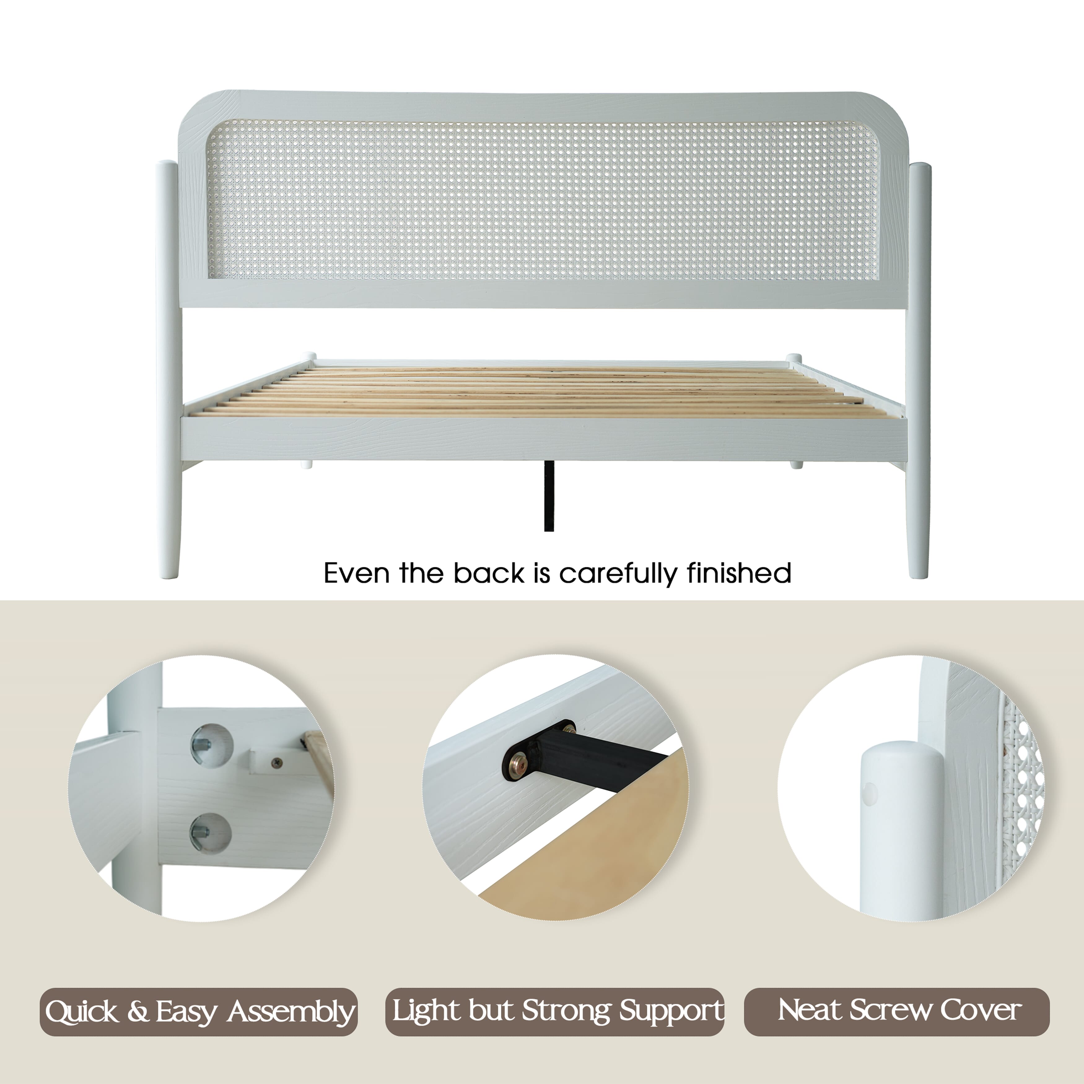 King Size Frame Solid Wood Platform Bed, Headboard & Footboard, 12 Durable Slatted Base, Metal Legs, No Box Spring Needed, Anti-Slip & Noise-Free, Easy Assembly, Pure White Finish, JMK-39