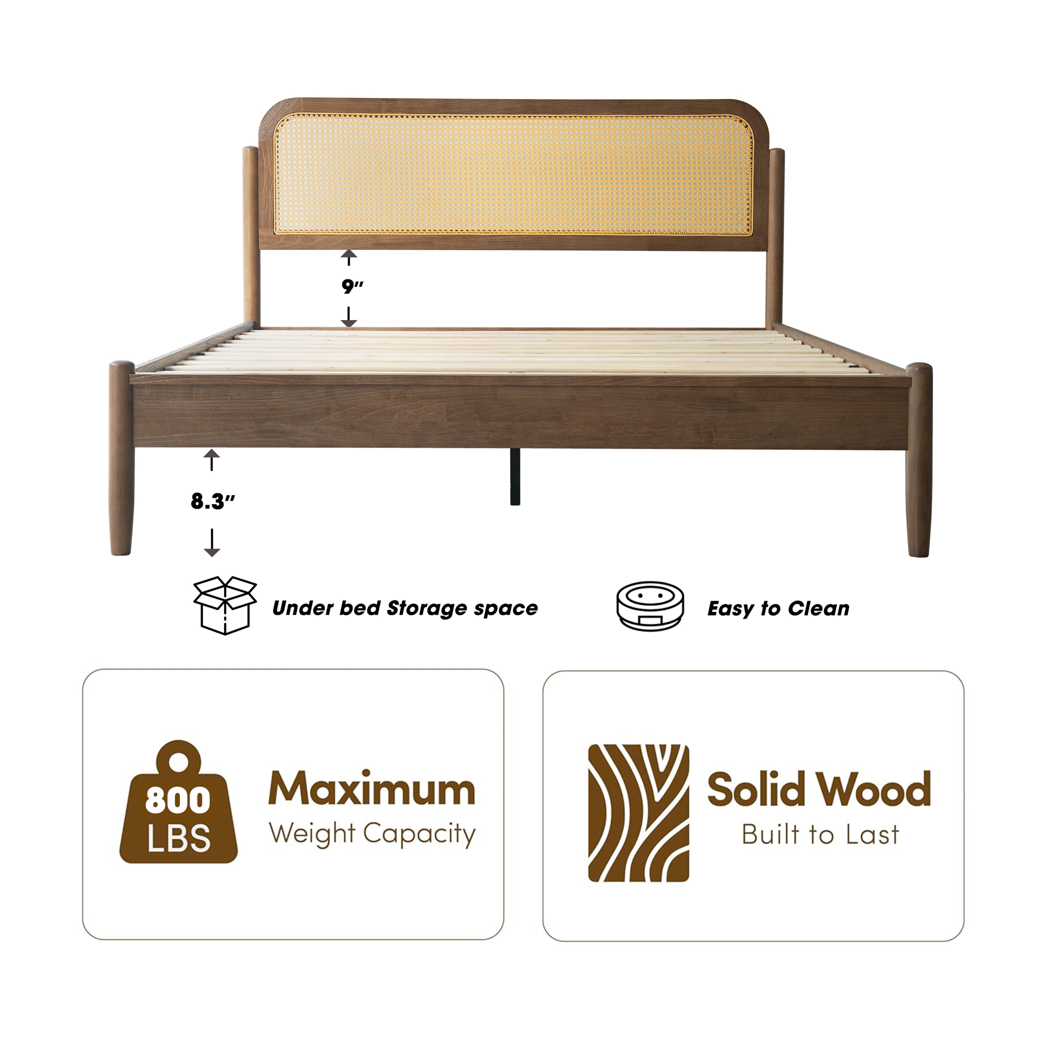 Queen Solid Wood Size Bed Frame, Headboard & Footboard with Platform Bed, Center Metal Legs, 12 Heavy-Duty Slatted Base, No Box Spring Needed, Noise-Free & Slip-Free, Barnwood Finish, JMQ-30