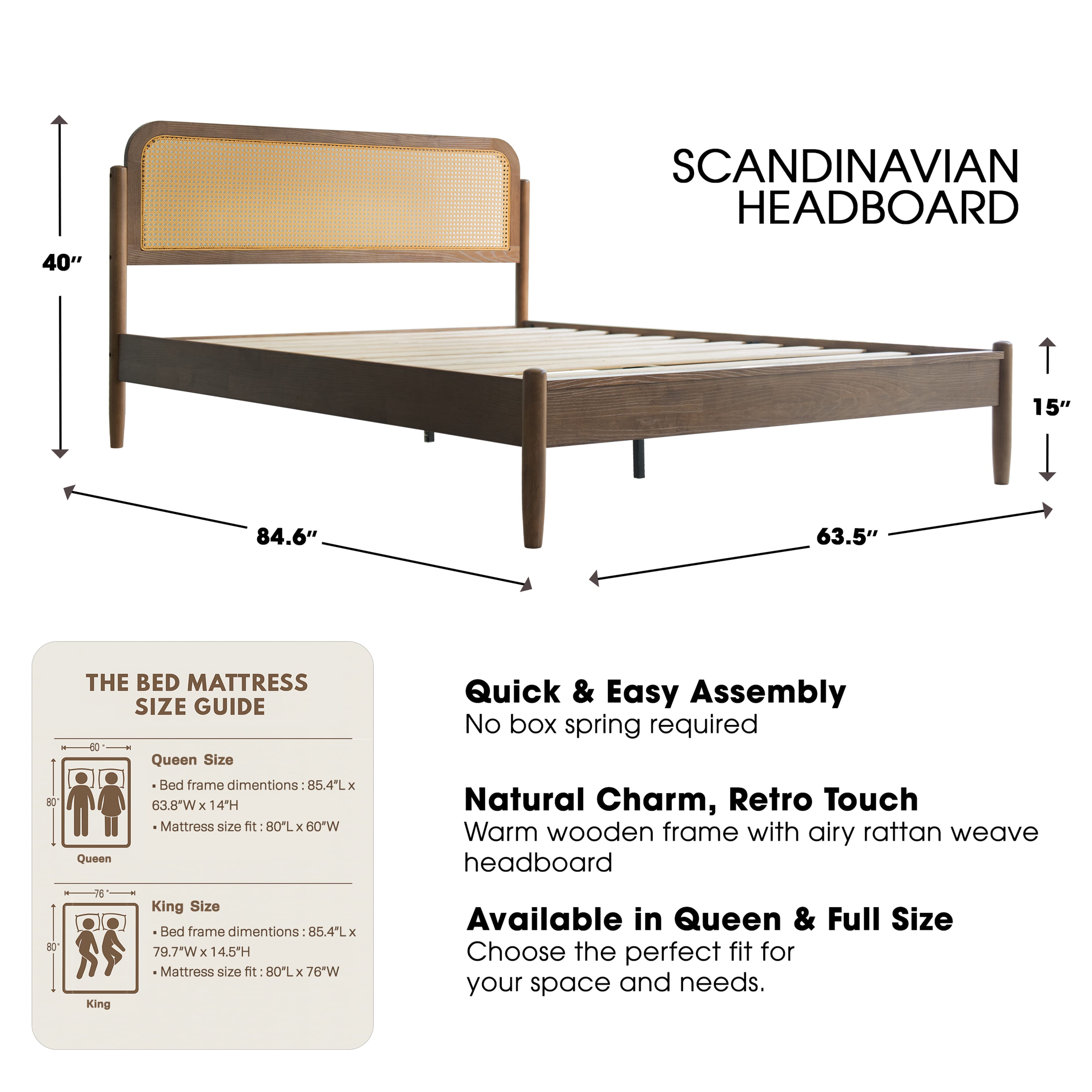 Queen Solid Wood Size Bed Frame, Headboard & Footboard with Platform Bed, Center Metal Legs, 12 Heavy-Duty Slatted Base, No Box Spring Needed, Noise-Free & Slip-Free, Barnwood Finish, JMQ-30