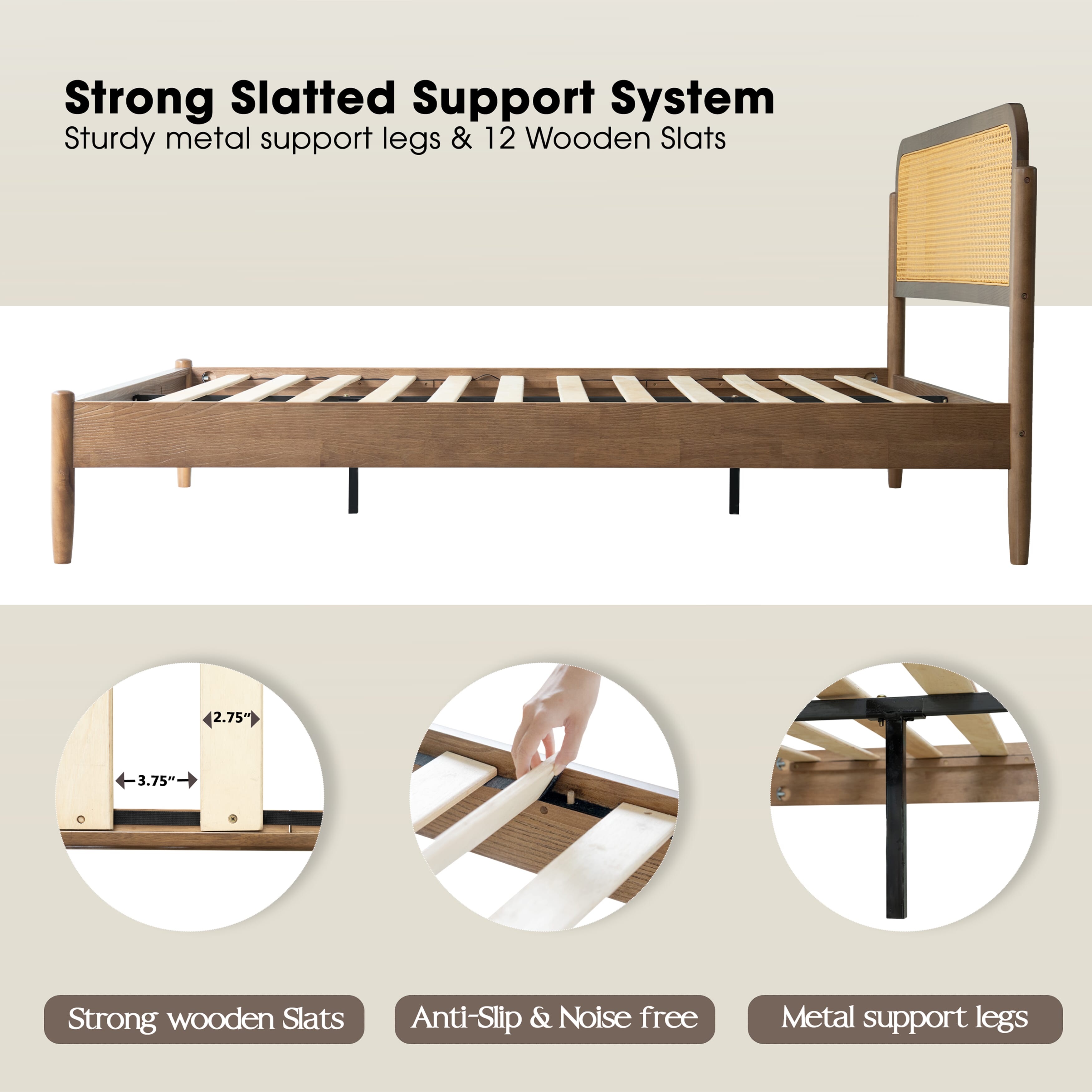 Queen Solid Wood Size Bed Frame, Headboard & Footboard with Platform Bed, Center Metal Legs, 12 Heavy-Duty Slatted Base, No Box Spring Needed, Noise-Free & Slip-Free, Barnwood Finish, JMQ-30
