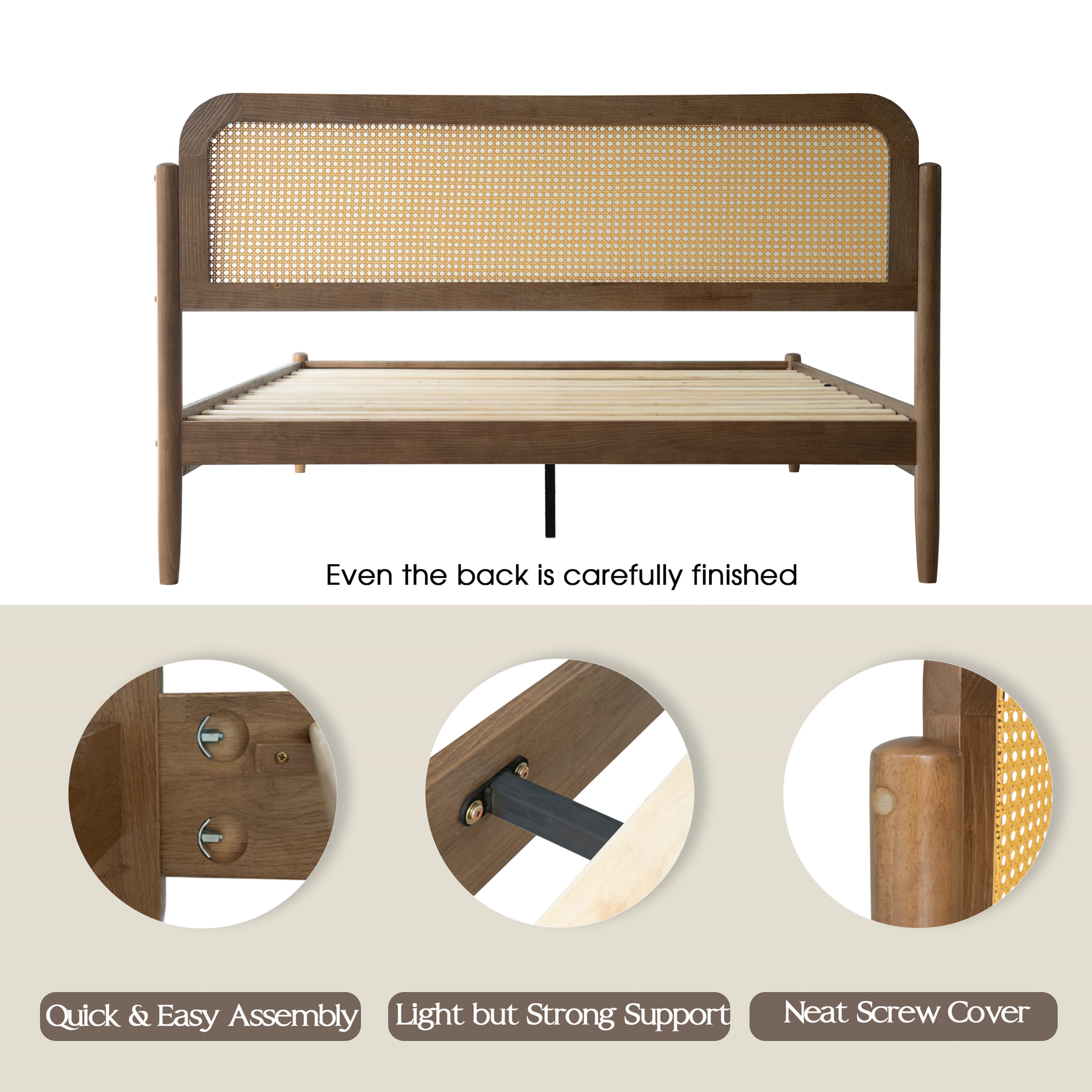 Queen Solid Wood Size Bed Frame, Headboard & Footboard with Platform Bed, Center Metal Legs, 12 Heavy-Duty Slatted Base, No Box Spring Needed, Noise-Free & Slip-Free, Barnwood Finish, JMQ-30