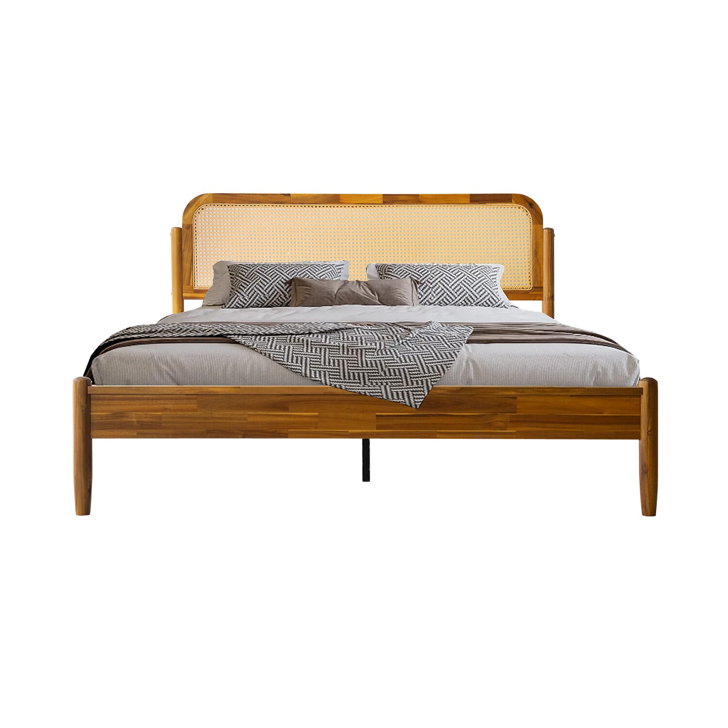 Queen Size Platform Bed Frame with Solid Wood Headboard & Footboard, Center Metal Legs, 12 Durable Slatted Base, Easy Assembly, No Box Spring Needed, Noise-Free, Acacia Honey Finish, JMQ-38