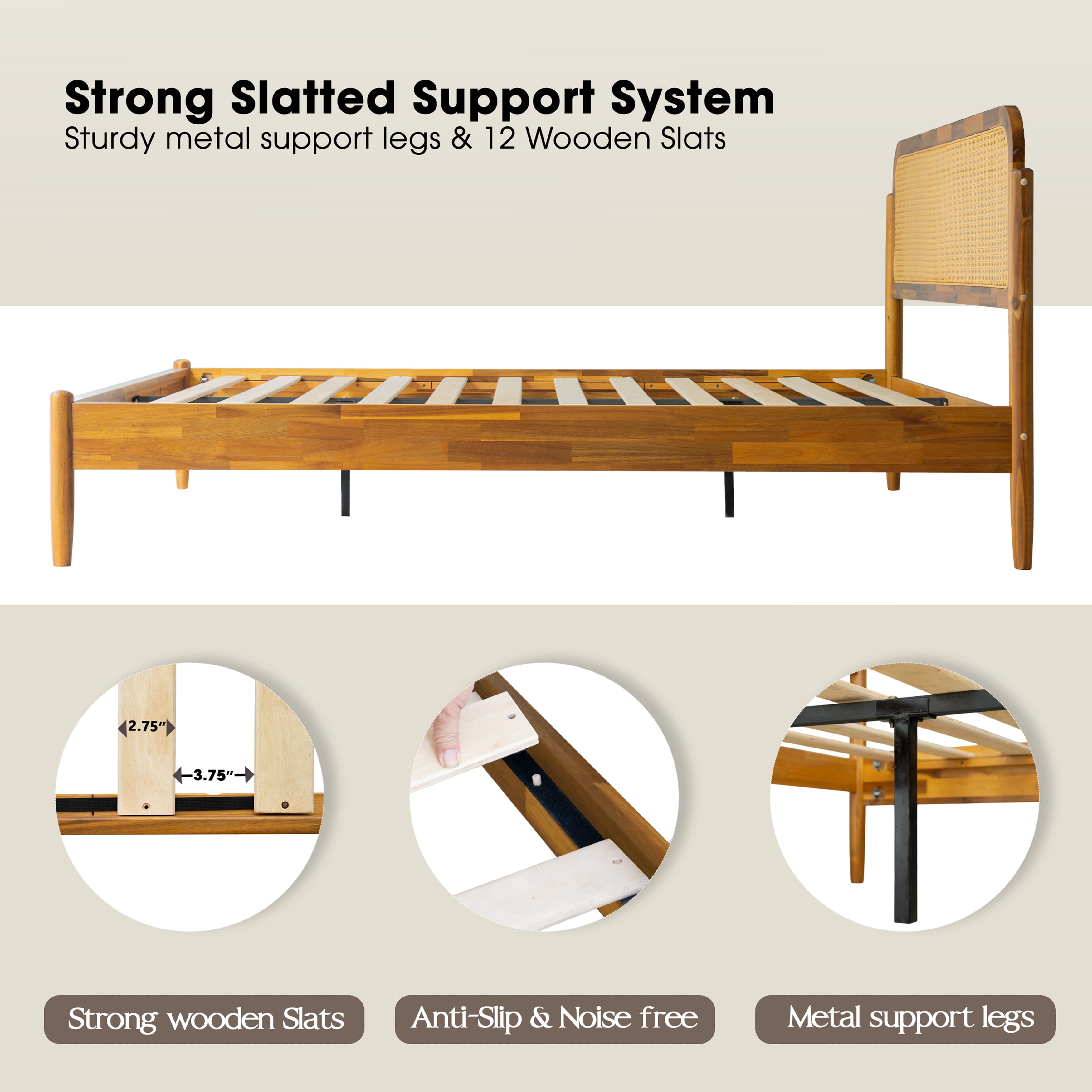 Queen Size Platform Bed Frame with Solid Wood Headboard & Footboard, Center Metal Legs, 12 Durable Slatted Base, Easy Assembly, No Box Spring Needed, Noise-Free, Acacia Honey Finish, JMQ-38