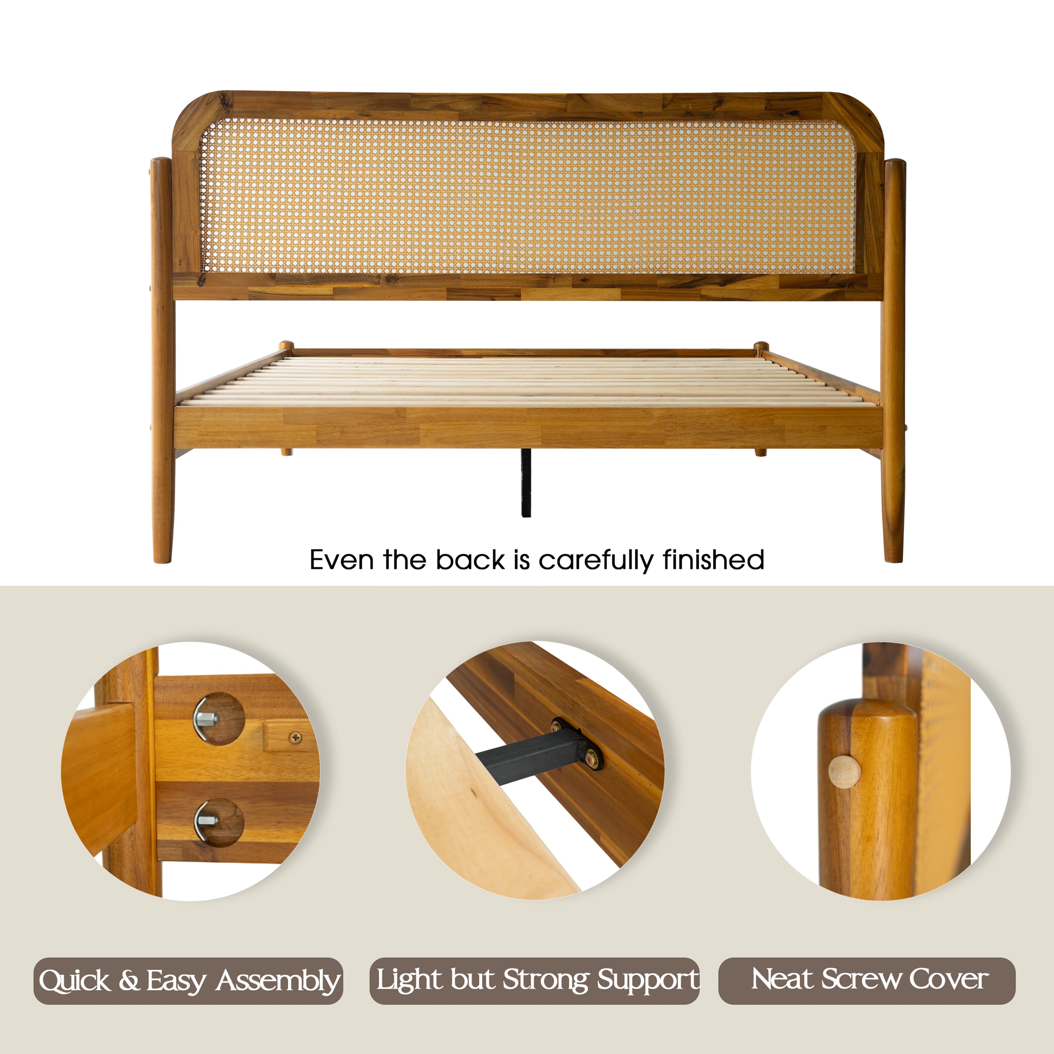 Queen Size Platform Bed Frame with Solid Wood Headboard & Footboard, Center Metal Legs, 12 Durable Slatted Base, Easy Assembly, No Box Spring Needed, Noise-Free, Acacia Honey Finish, JMQ-38