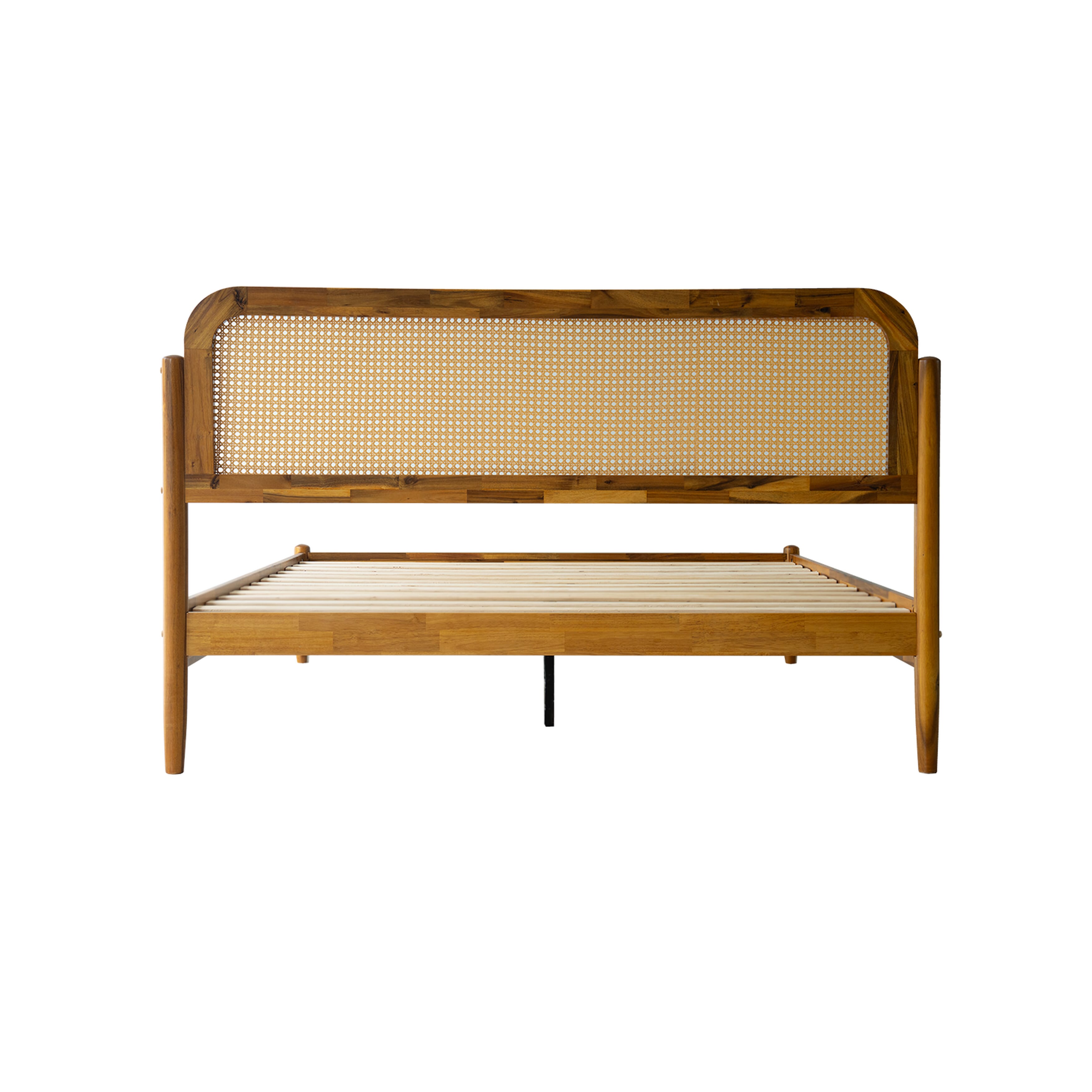 Queen Size Platform Bed Frame with Solid Wood Headboard & Footboard, Center Metal Legs, 12 Durable Slatted Base, Easy Assembly, No Box Spring Needed, Noise-Free, Acacia Honey Finish, JMQ-38