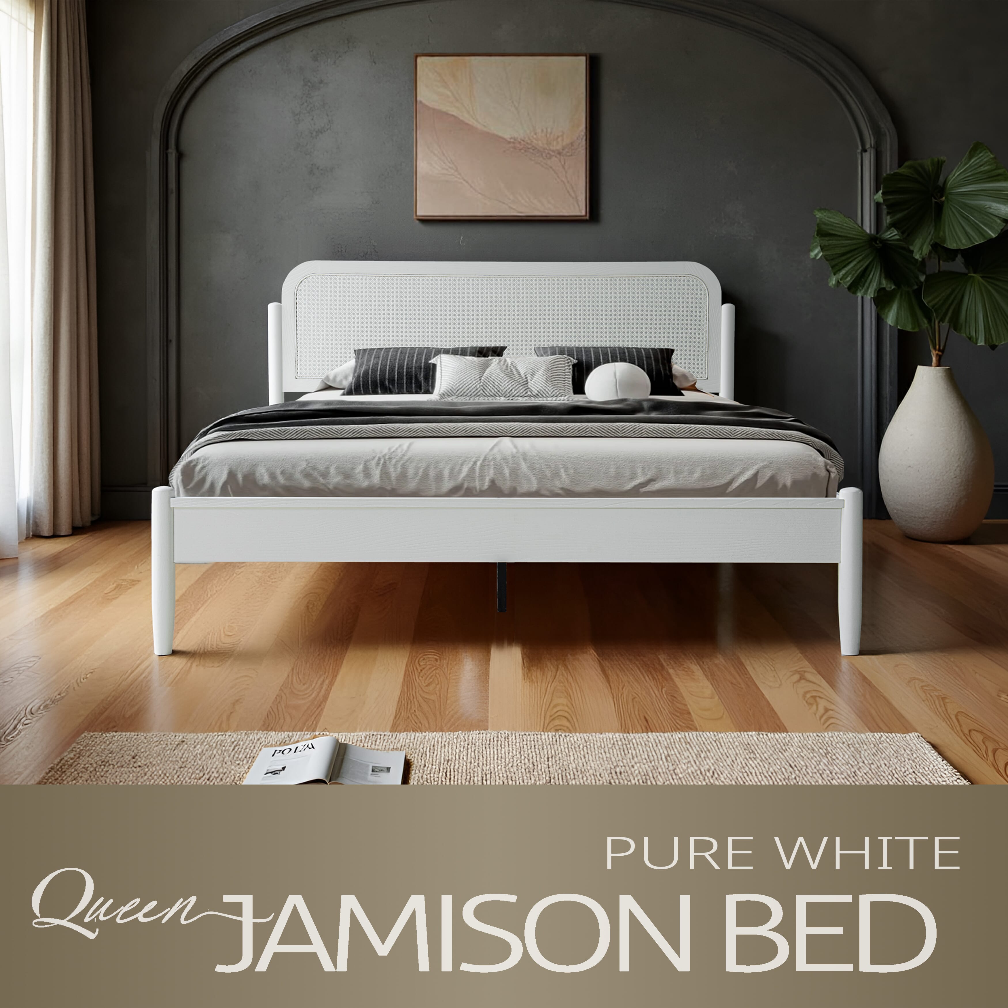 Queen Size Platform Bed Frame, Solid Wood Headboard & Footboard, Central Metal Legs with 12 Durable Slatted Base, Anti-Slip & Noise-Free, Easy Assembly, No Box Spring Needed, Pure White Finish, JMQ-39