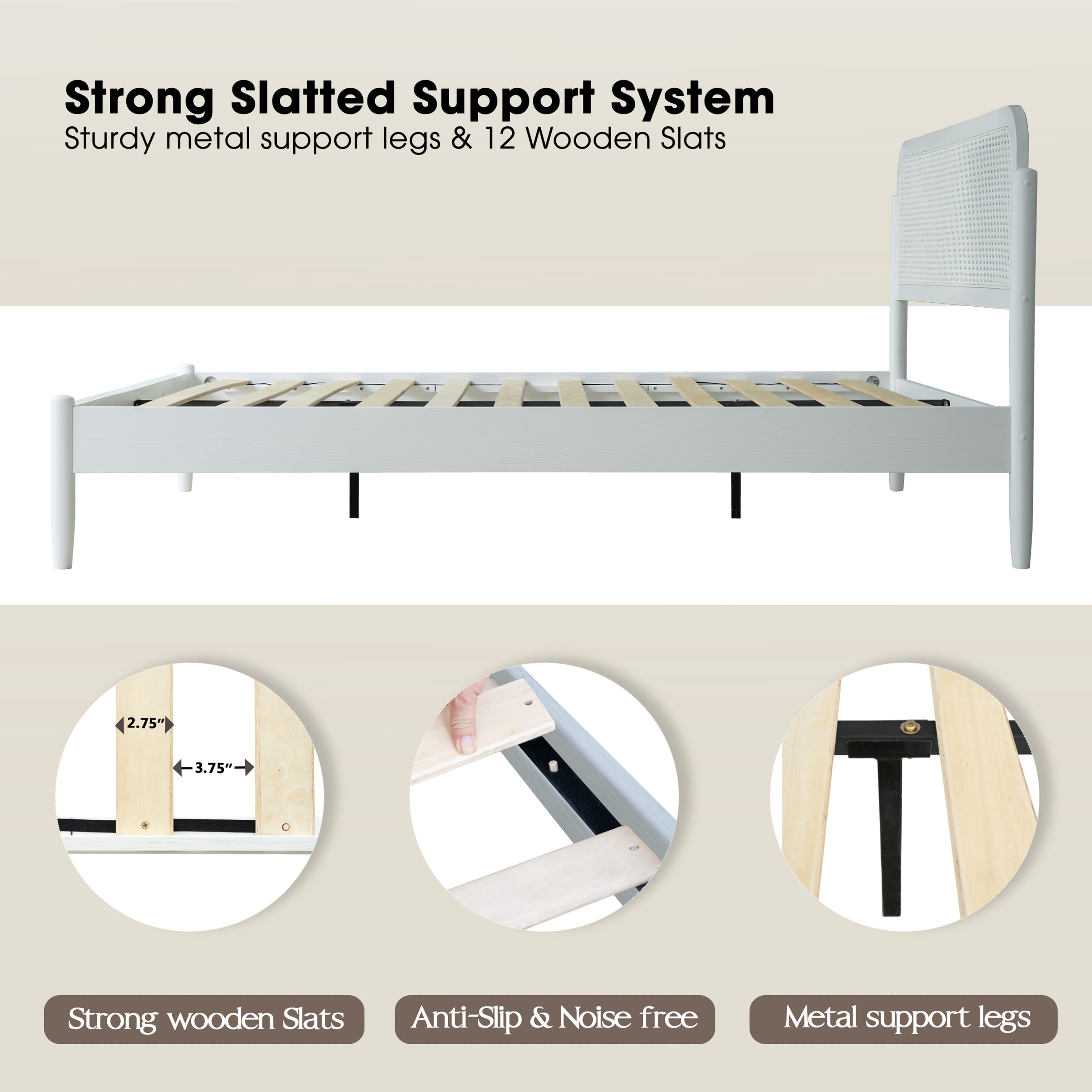 Queen Size Platform Bed Frame, Solid Wood Headboard & Footboard, Central Metal Legs with 12 Durable Slatted Base, Anti-Slip & Noise-Free, Easy Assembly, No Box Spring Needed, Pure White Finish, JMQ-39