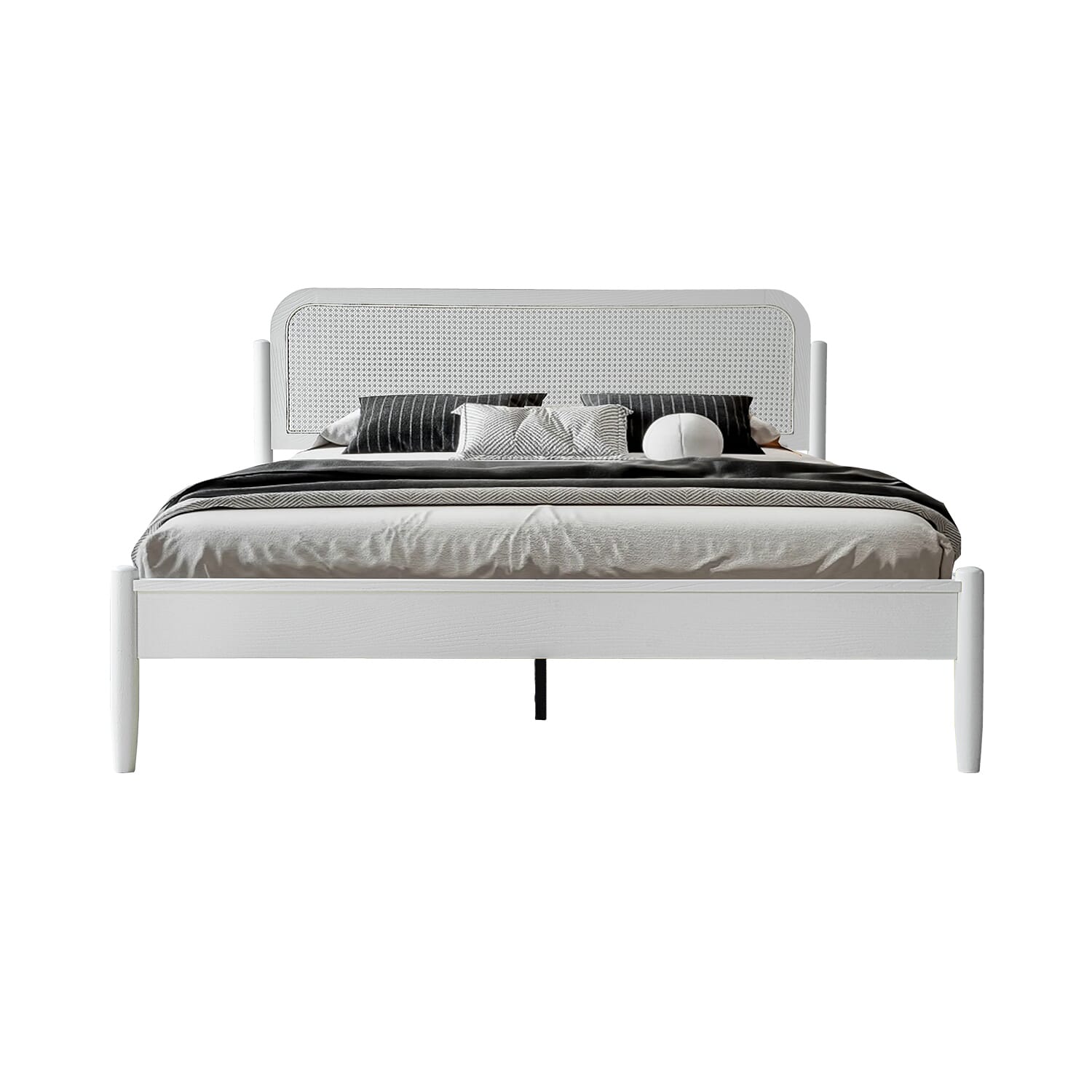 Queen Size Platform Bed Frame, Solid Wood Headboard & Footboard, Central Metal Legs with 12 Durable Slatted Base, Anti-Slip & Noise-Free, Easy Assembly, No Box Spring Needed, Pure White Finish, JMQ-39
