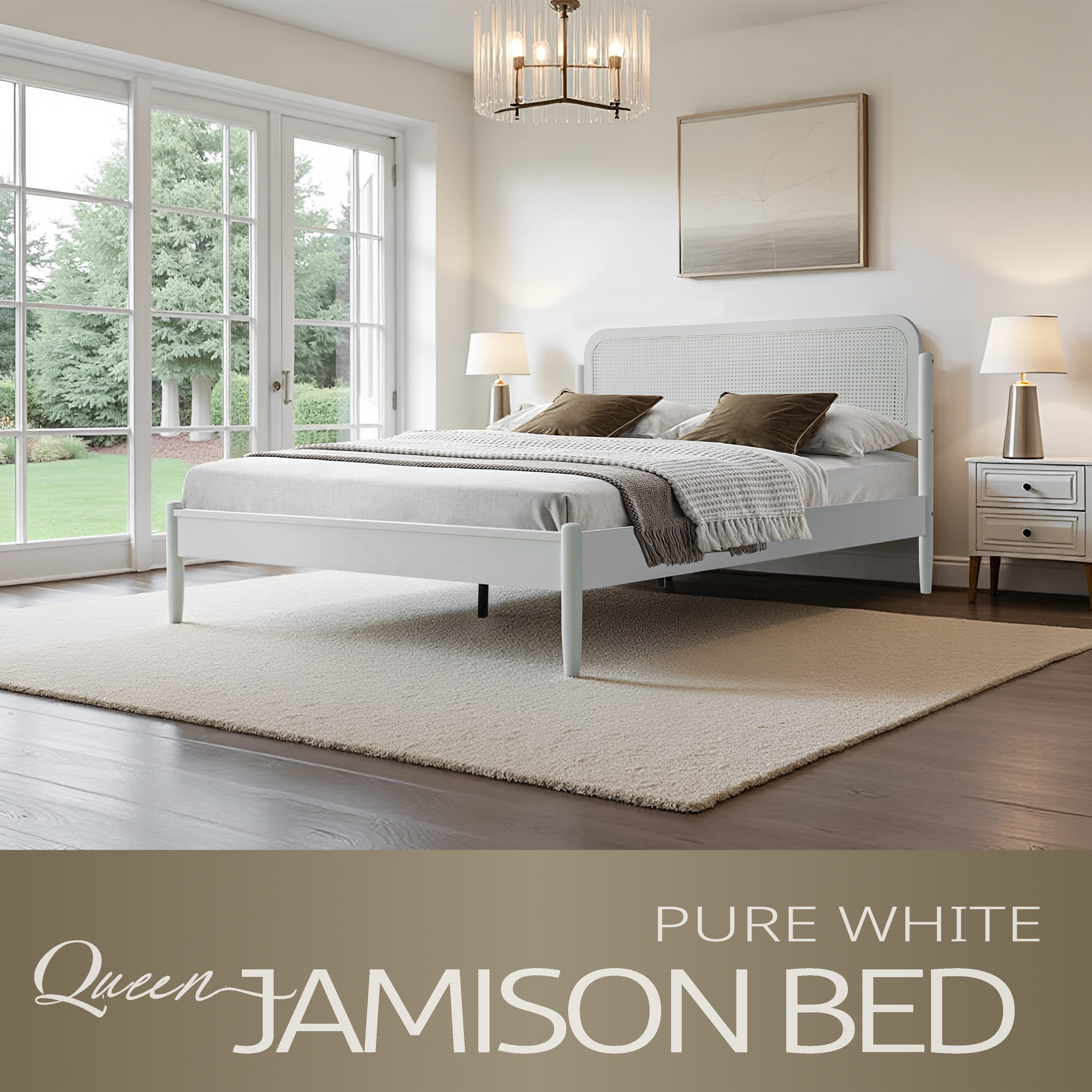 Queen Size Platform Bed Frame, Solid Wood Headboard & Footboard, Central Metal Legs with 12 Durable Slatted Base, Anti-Slip & Noise-Free, Easy Assembly, No Box Spring Needed, Pure White Finish, JMQ-39