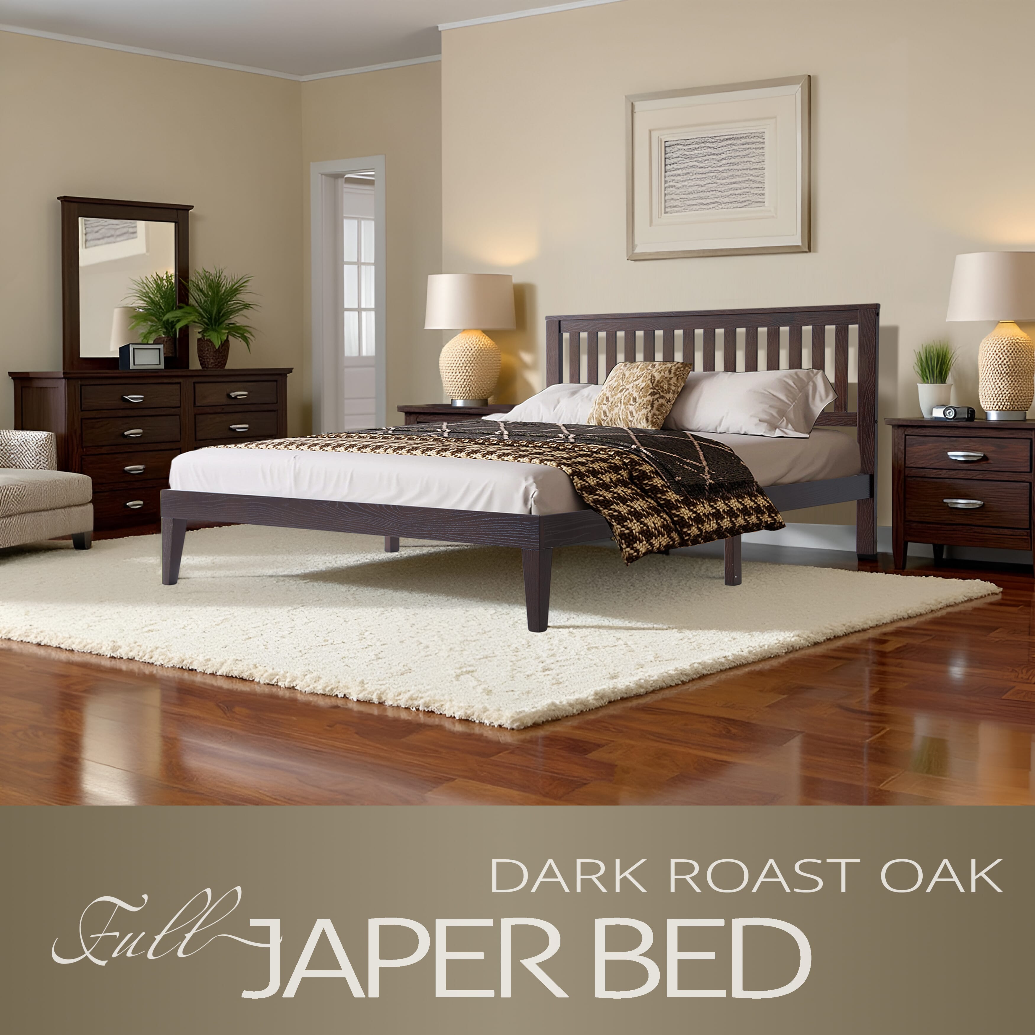 Full Size Solid Wood Platform Bed Frame, Headboard & Footboard, 12 Heavy-Duty Slatted Base, Metal Legs, Easy Assembly, No Box Spring Needed, Anti-Slip & Noise-Free, Dark Roast Oak Finish, JPF-32