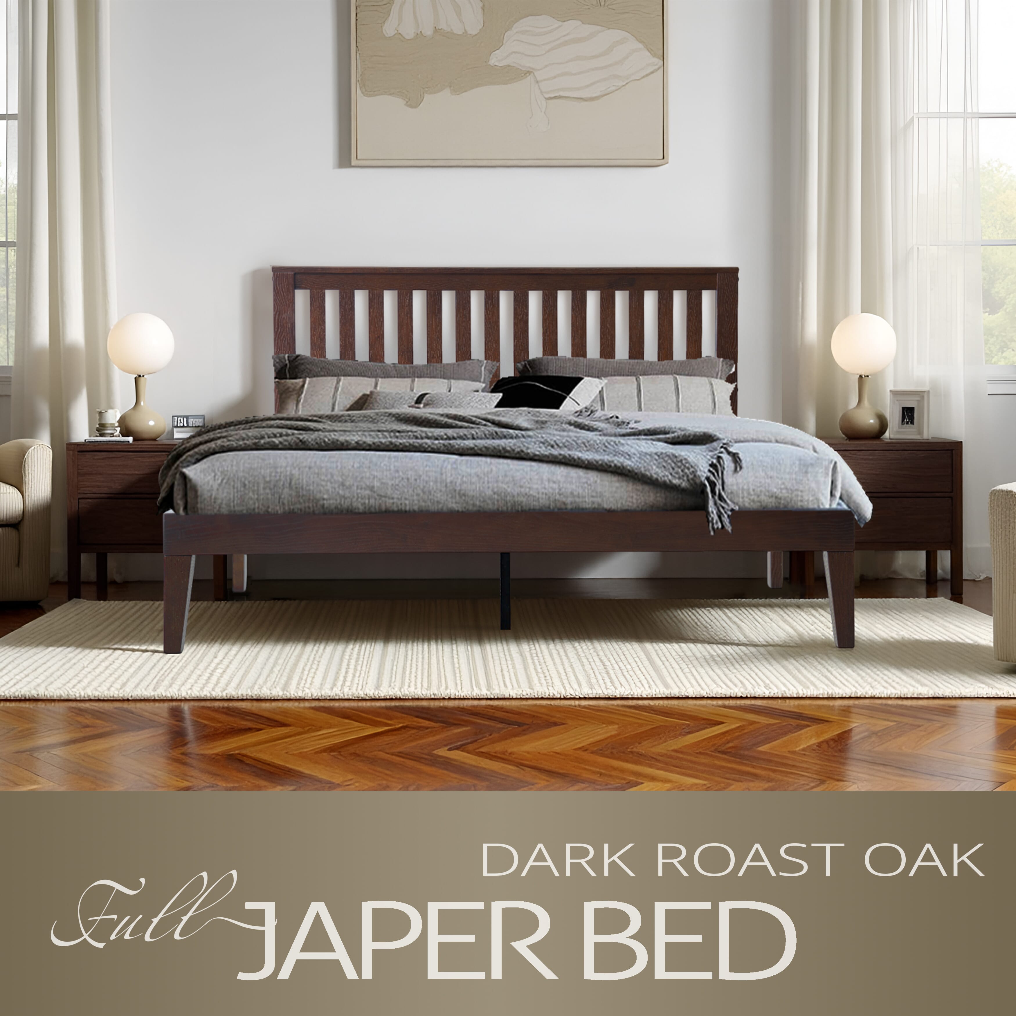 Full Size Solid Wood Platform Bed Frame, Headboard & Footboard, 12 Heavy-Duty Slatted Base, Metal Legs, Easy Assembly, No Box Spring Needed, Anti-Slip & Noise-Free, Dark Roast Oak Finish, JPF-32