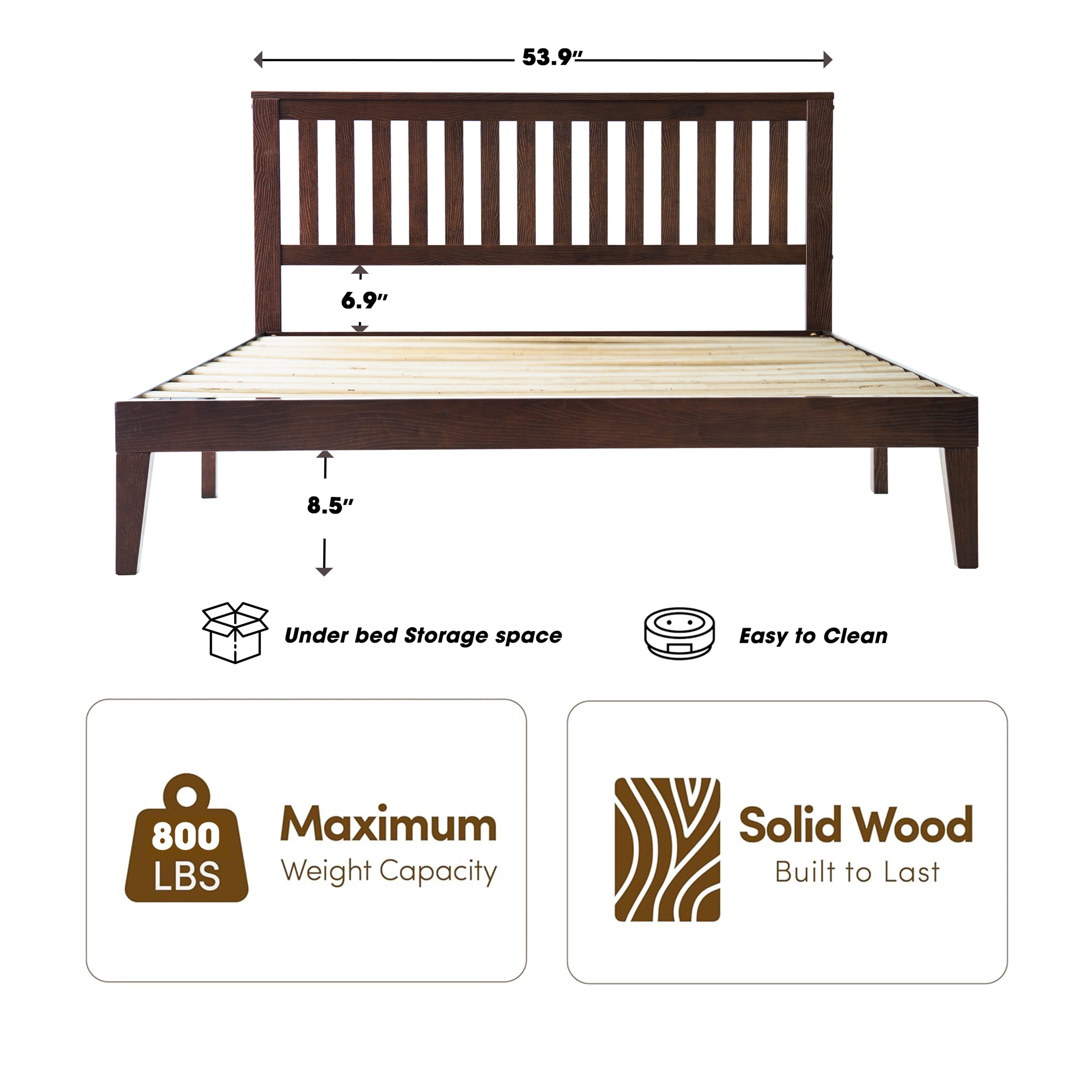 Full Size Solid Wood Platform Bed Frame, Headboard & Footboard, 12 Heavy-Duty Slatted Base, Metal Legs, Easy Assembly, No Box Spring Needed, Anti-Slip & Noise-Free, Dark Roast Oak Finish, JPF-32