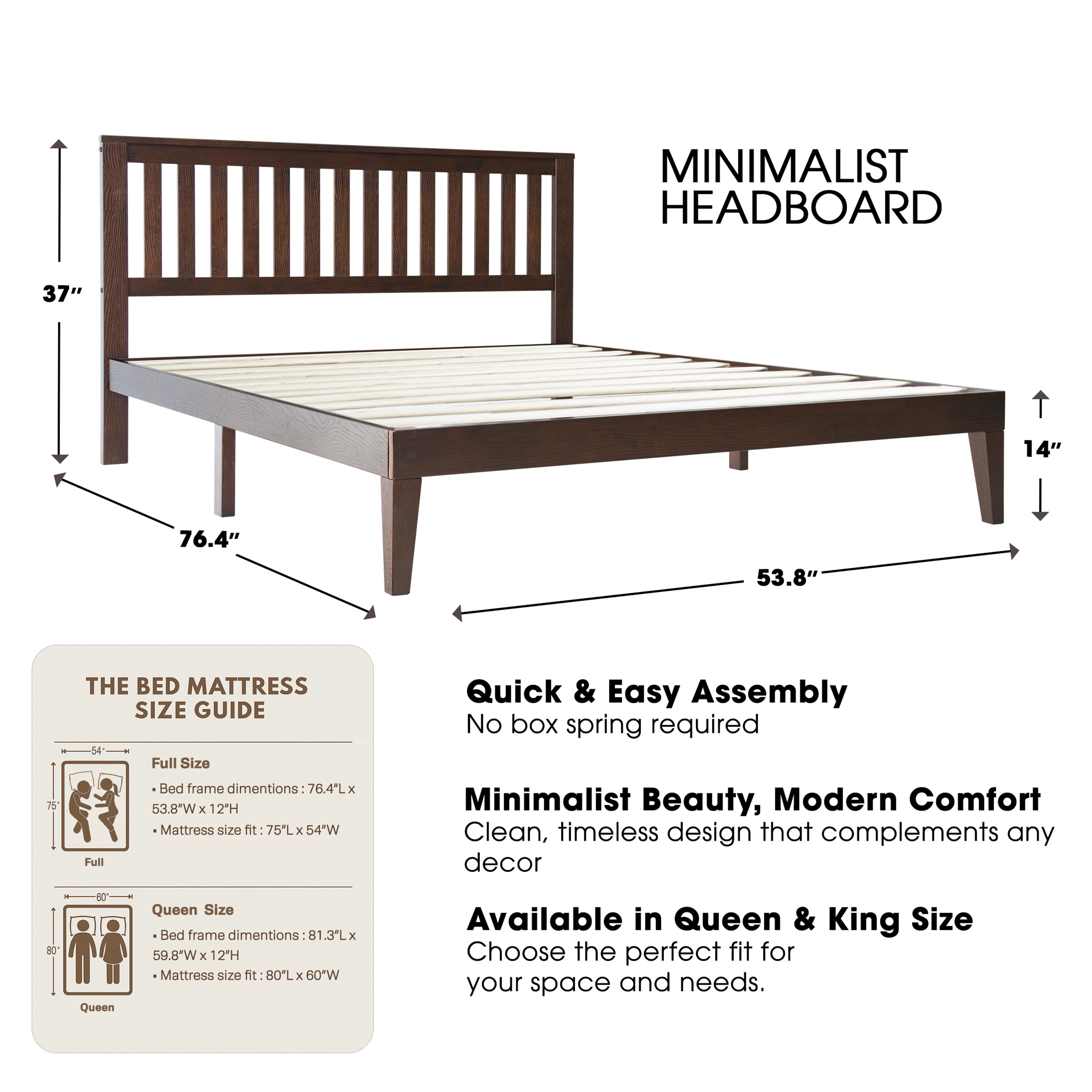Full Size Solid Wood Platform Bed Frame, Headboard & Footboard, 12 Heavy-Duty Slatted Base, Metal Legs, Easy Assembly, No Box Spring Needed, Anti-Slip & Noise-Free, Dark Roast Oak Finish, JPF-32