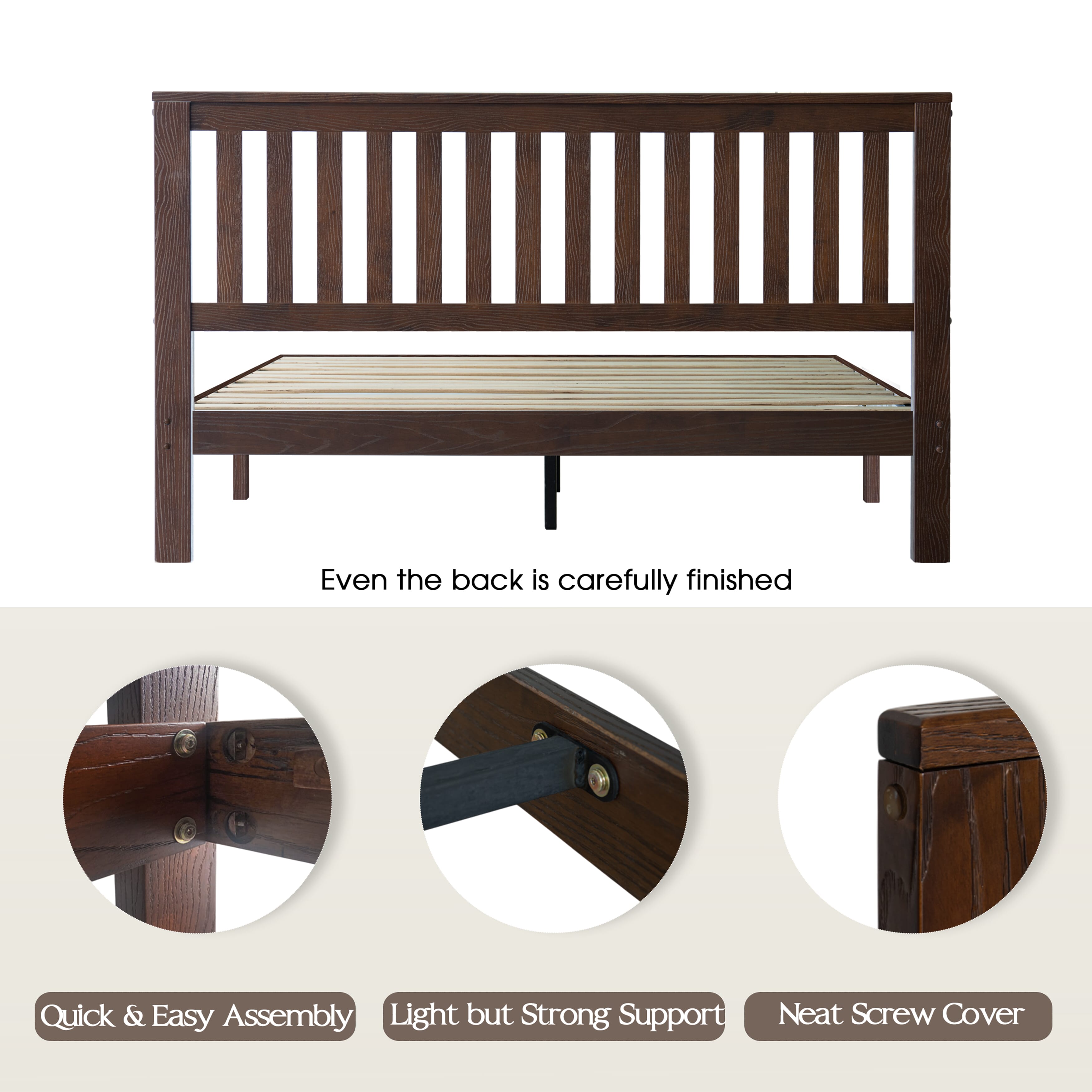 Full Size Solid Wood Platform Bed Frame, Headboard & Footboard, 12 Heavy-Duty Slatted Base, Metal Legs, Easy Assembly, No Box Spring Needed, Anti-Slip & Noise-Free, Dark Roast Oak Finish, JPF-32