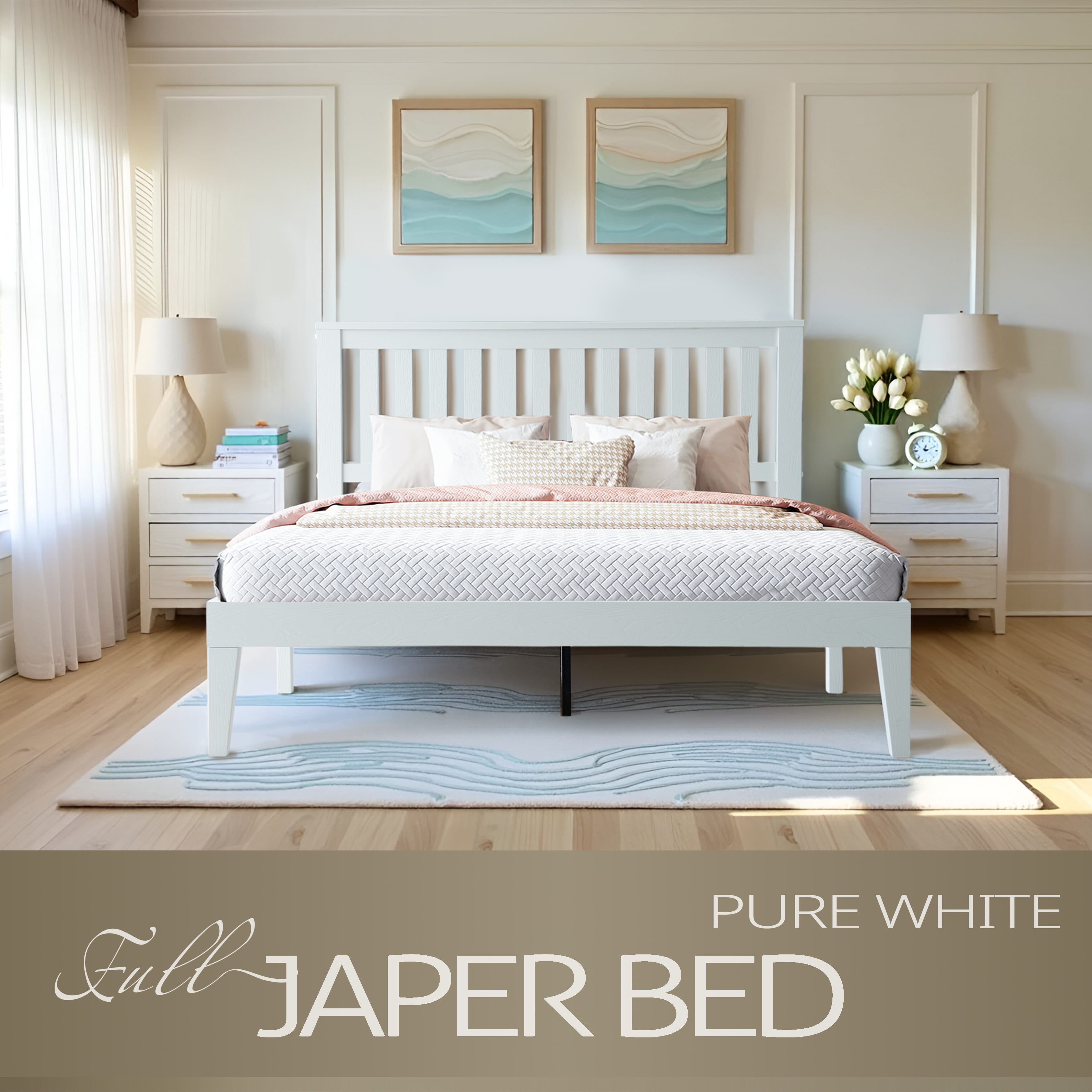 Full Size Bed Frame, Solid Wood Platform Bed with Headboard & Footboard, 12 Strong Slatted Design, Center Metal Legs, Noise-Free & Anti-Slip, No Box Spring Needed, Pure White Finish, JPF-39