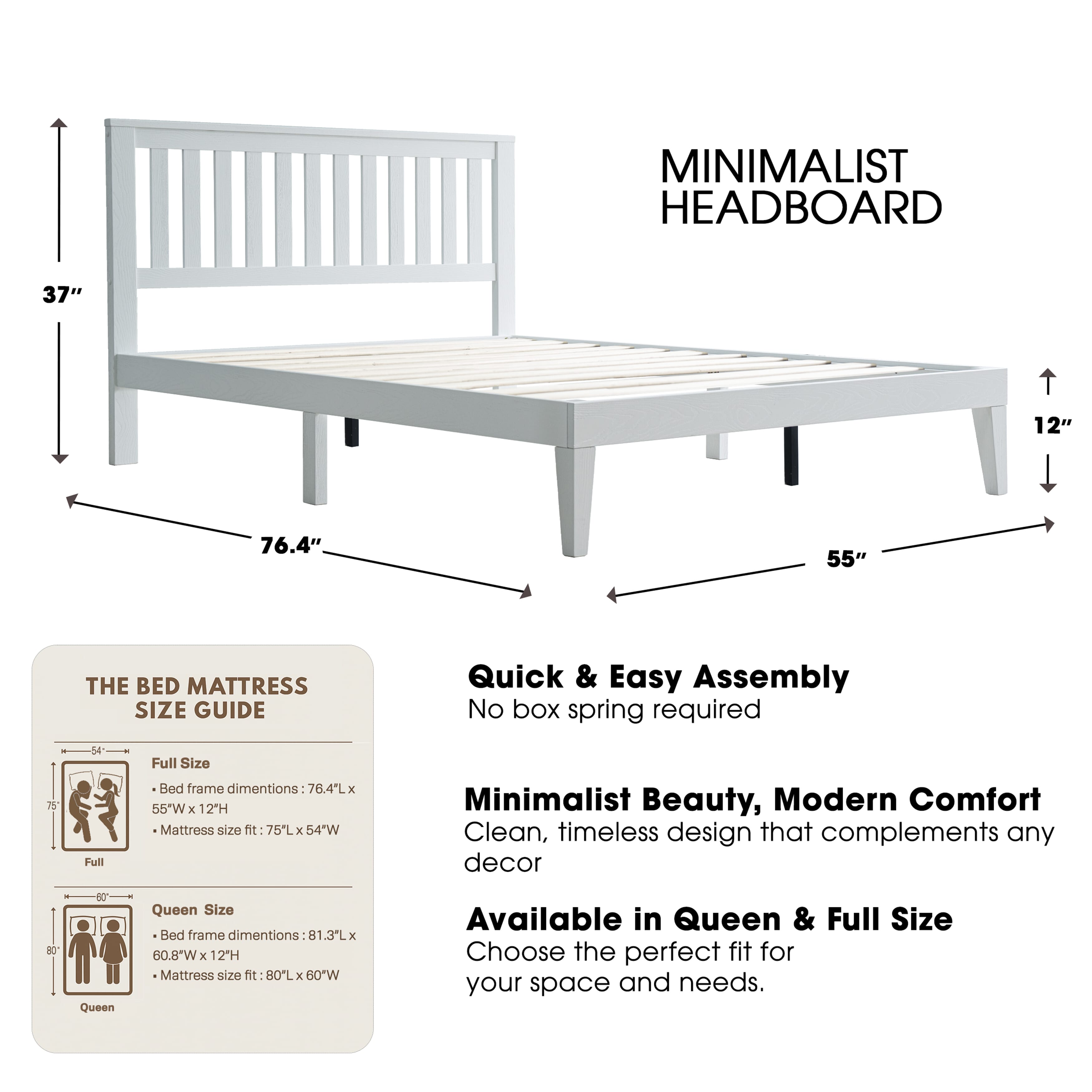 Full Size Bed Frame, Solid Wood Platform Bed with Headboard & Footboard, 12 Strong Slatted Design, Center Metal Legs, Noise-Free & Anti-Slip, No Box Spring Needed, Pure White Finish, JPF-39
