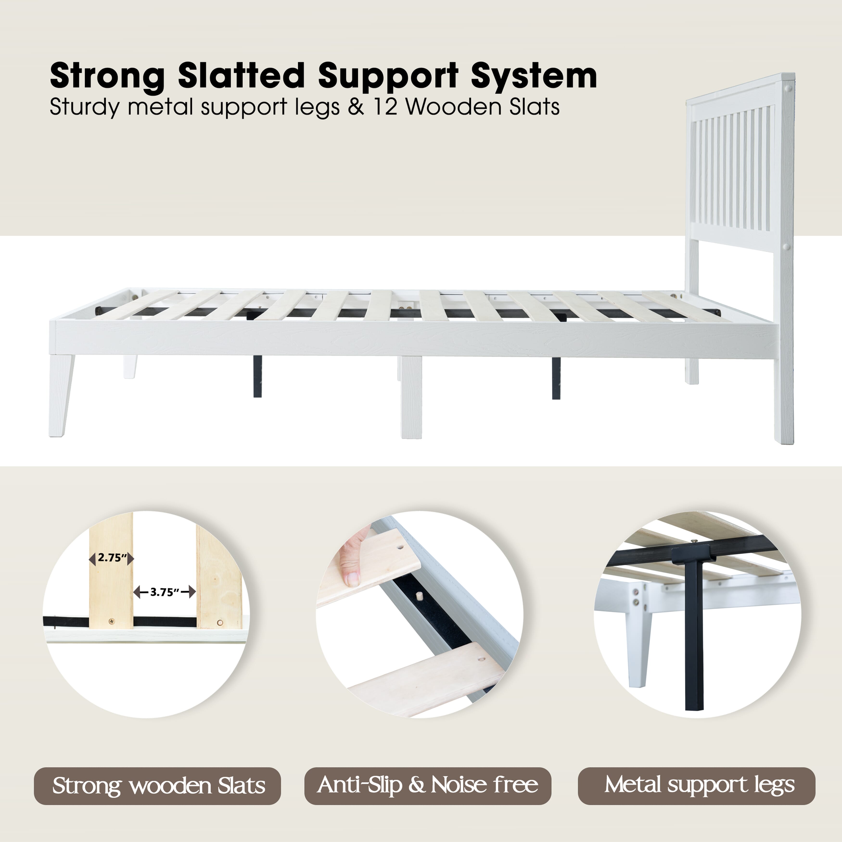 Full Size Bed Frame, Solid Wood Platform Bed with Headboard & Footboard, 12 Strong Slatted Design, Center Metal Legs, Noise-Free & Anti-Slip, No Box Spring Needed, Pure White Finish, JPF-39