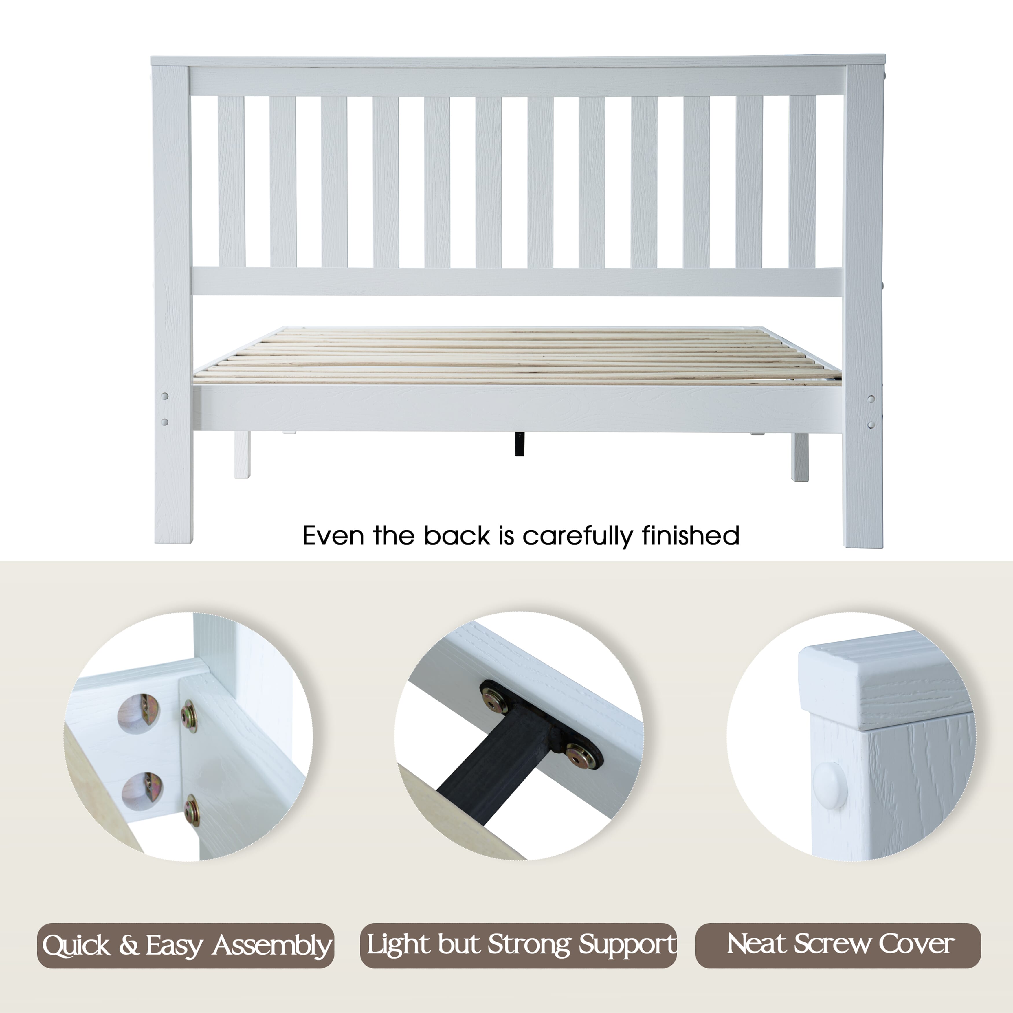 Full Size Bed Frame, Solid Wood Platform Bed with Headboard & Footboard, 12 Strong Slatted Design, Center Metal Legs, Noise-Free & Anti-Slip, No Box Spring Needed, Pure White Finish, JPF-39