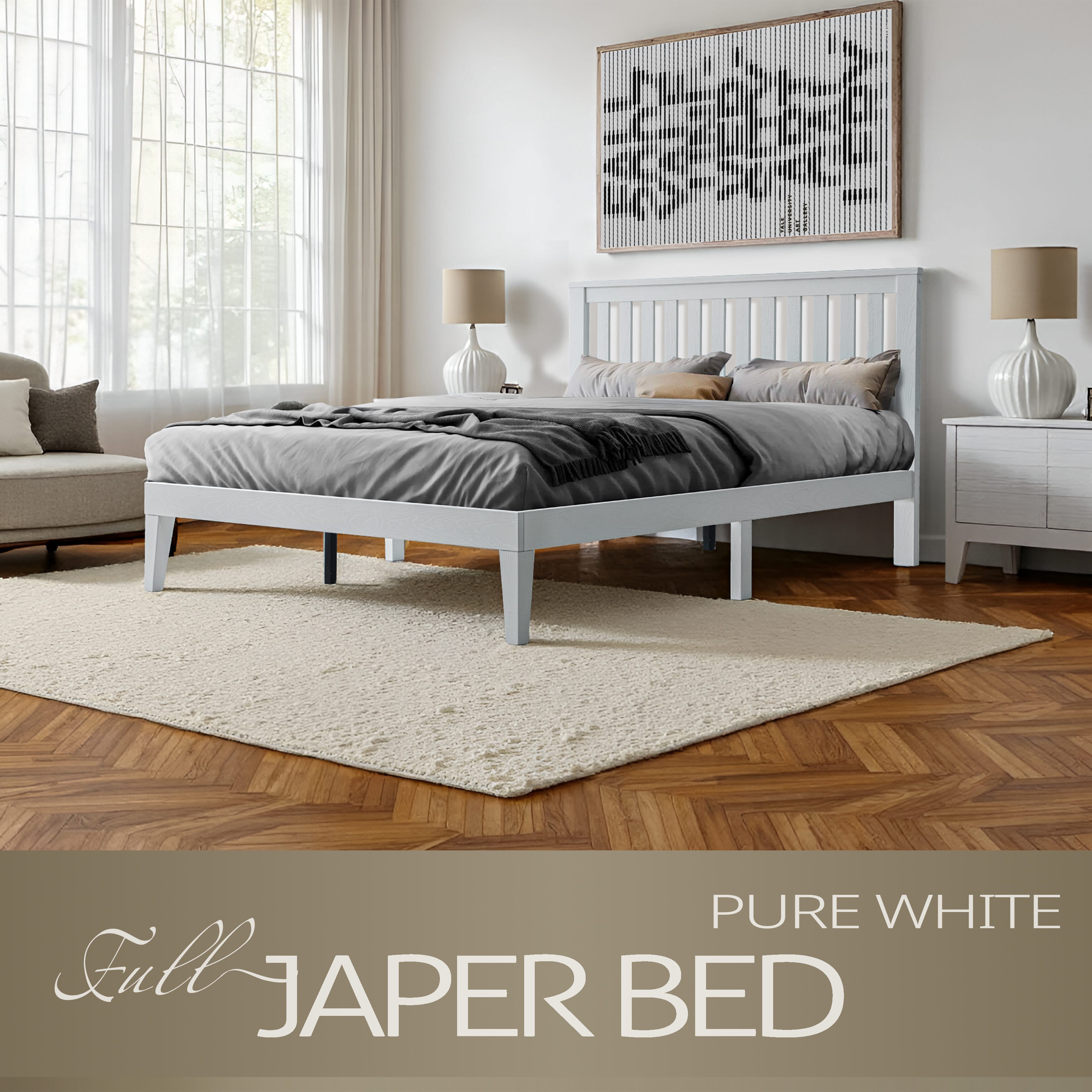 Full Size Bed Frame, Solid Wood Platform Bed with Headboard & Footboard, 12 Strong Slatted Design, Center Metal Legs, Noise-Free & Anti-Slip, No Box Spring Needed, Pure White Finish, JPF-39