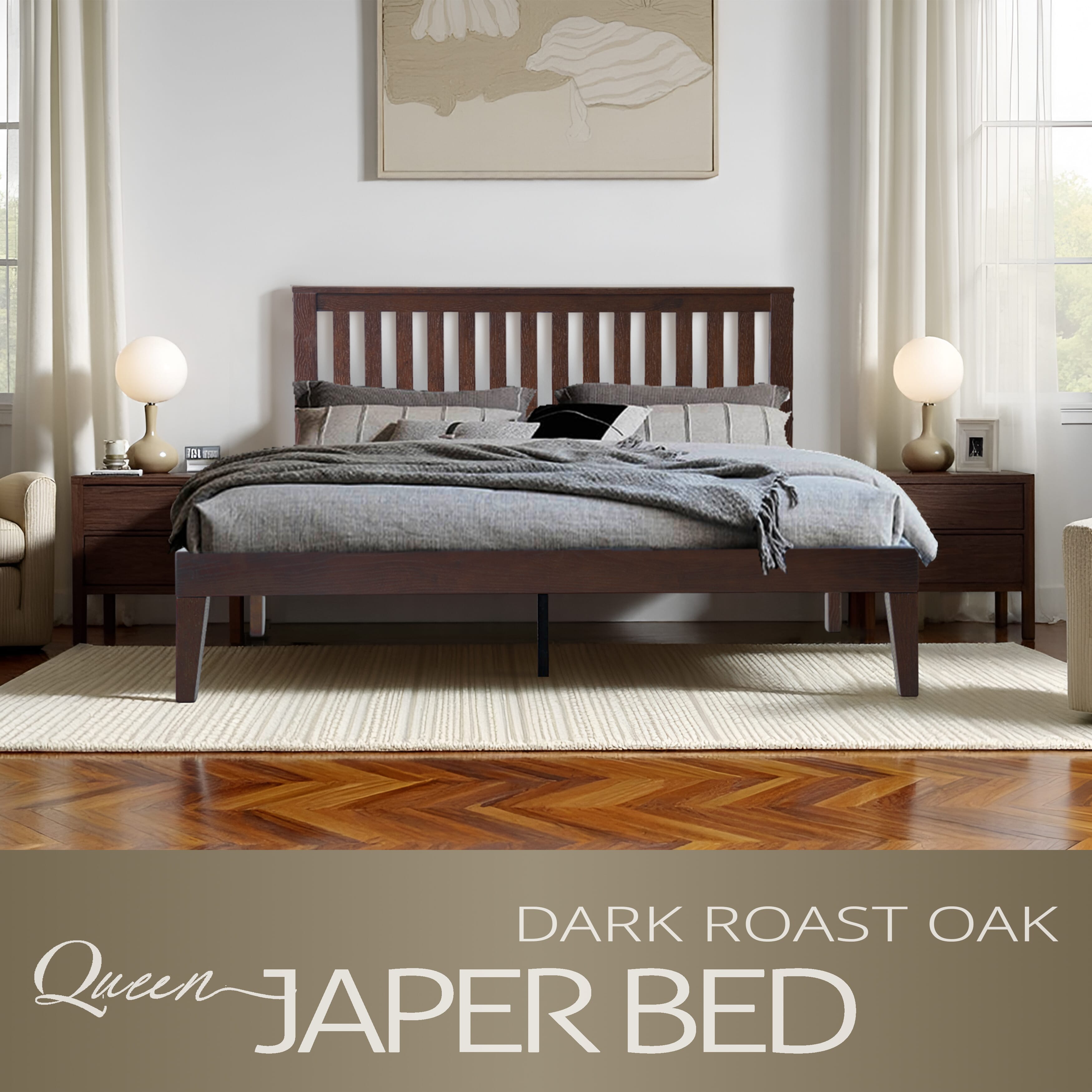 Queen Size Bed Frame with Headboard & Footboard, Solid Wood Platform Bed, Metal Legs, 12 Durable Slatted, Noise-Free & Anti-Slip, No Box Spring Needed, Easy Assembly, Dark Roast Oak Finish, JPQ-32