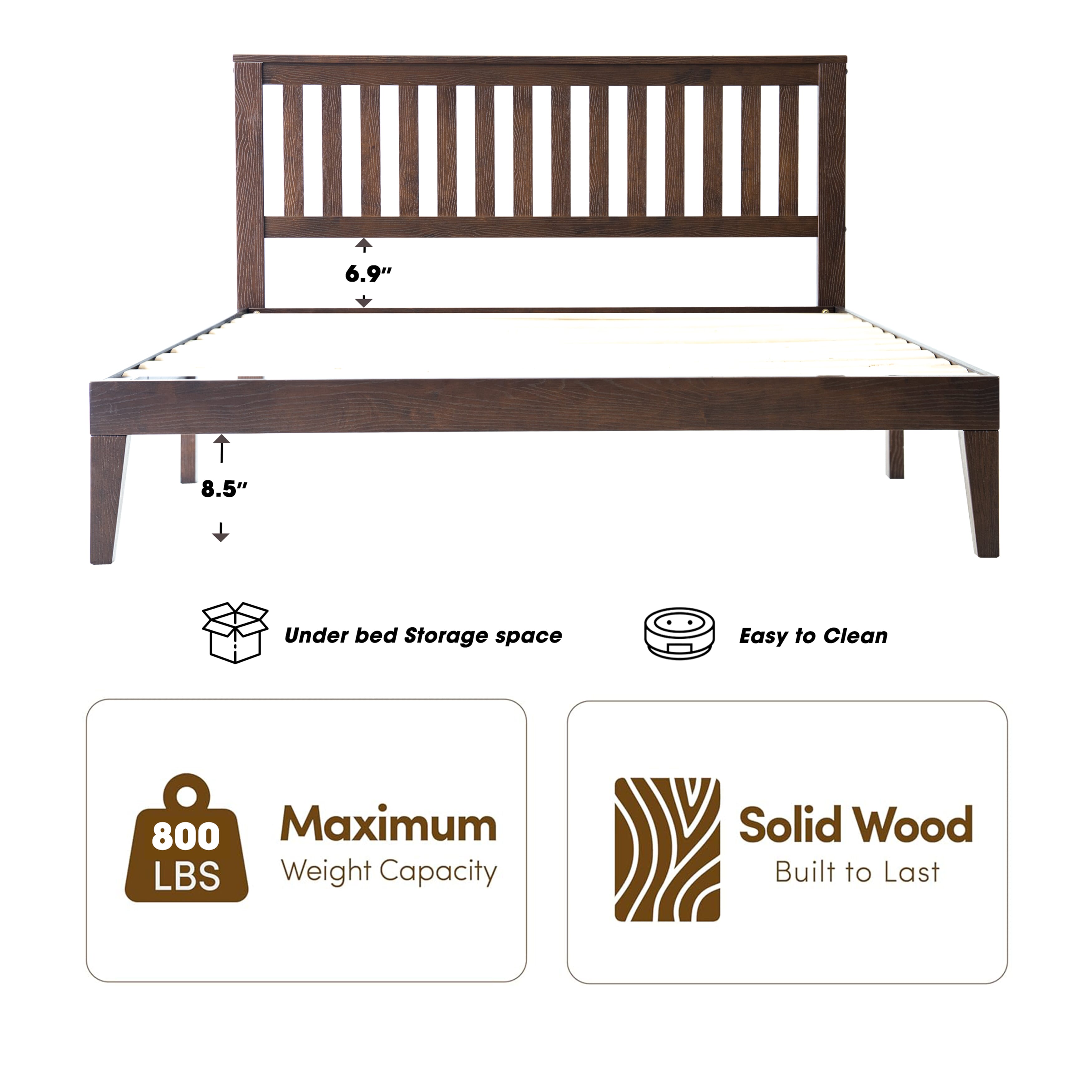 Queen Size Bed Frame with Headboard & Footboard, Solid Wood Platform Bed, Metal Legs, 12 Durable Slatted, Noise-Free & Anti-Slip, No Box Spring Needed, Easy Assembly, Dark Roast Oak Finish, JPQ-32
