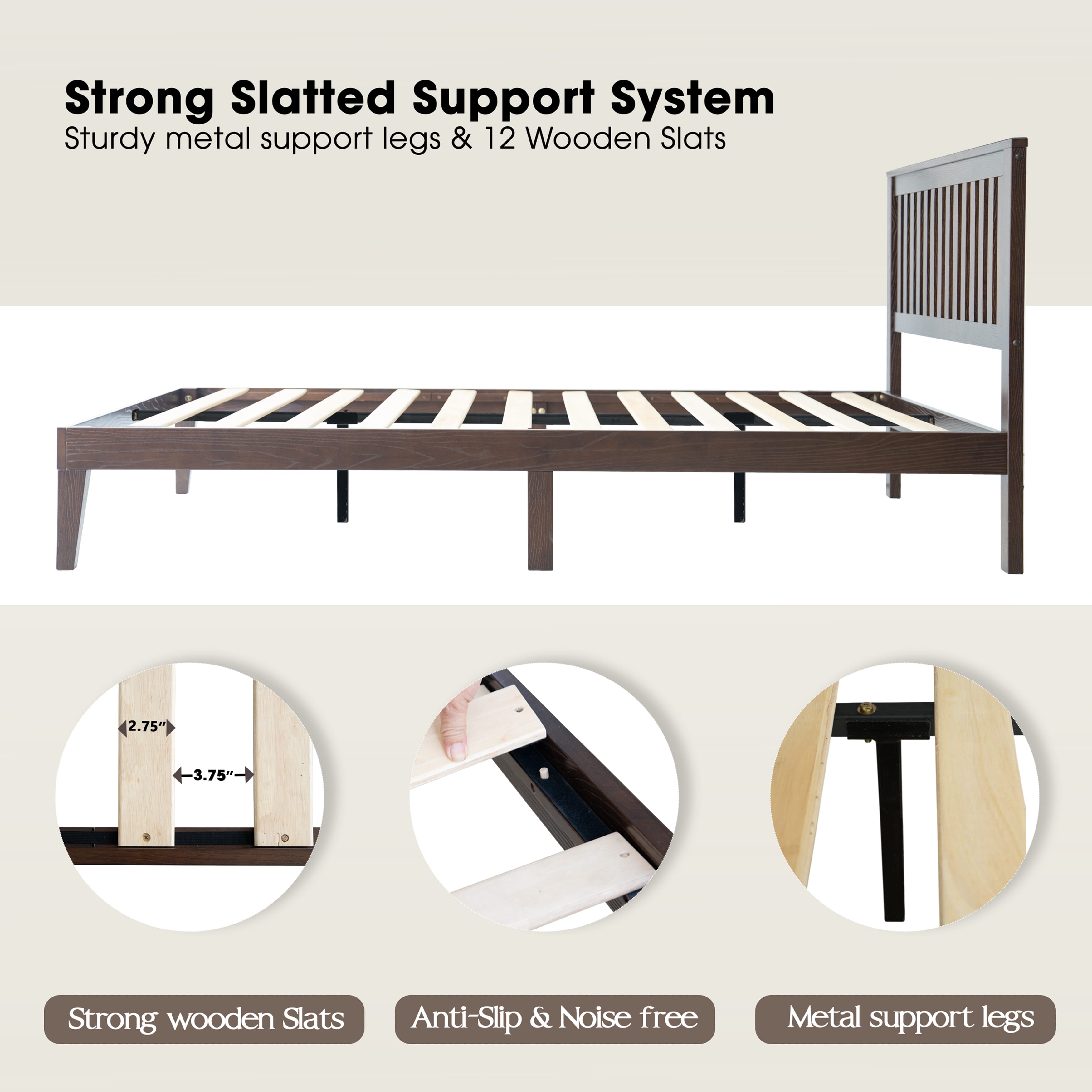 Queen Size Bed Frame with Headboard & Footboard, Solid Wood Platform Bed, Metal Legs, 12 Durable Slatted, Noise-Free & Anti-Slip, No Box Spring Needed, Easy Assembly, Dark Roast Oak Finish, JPQ-32