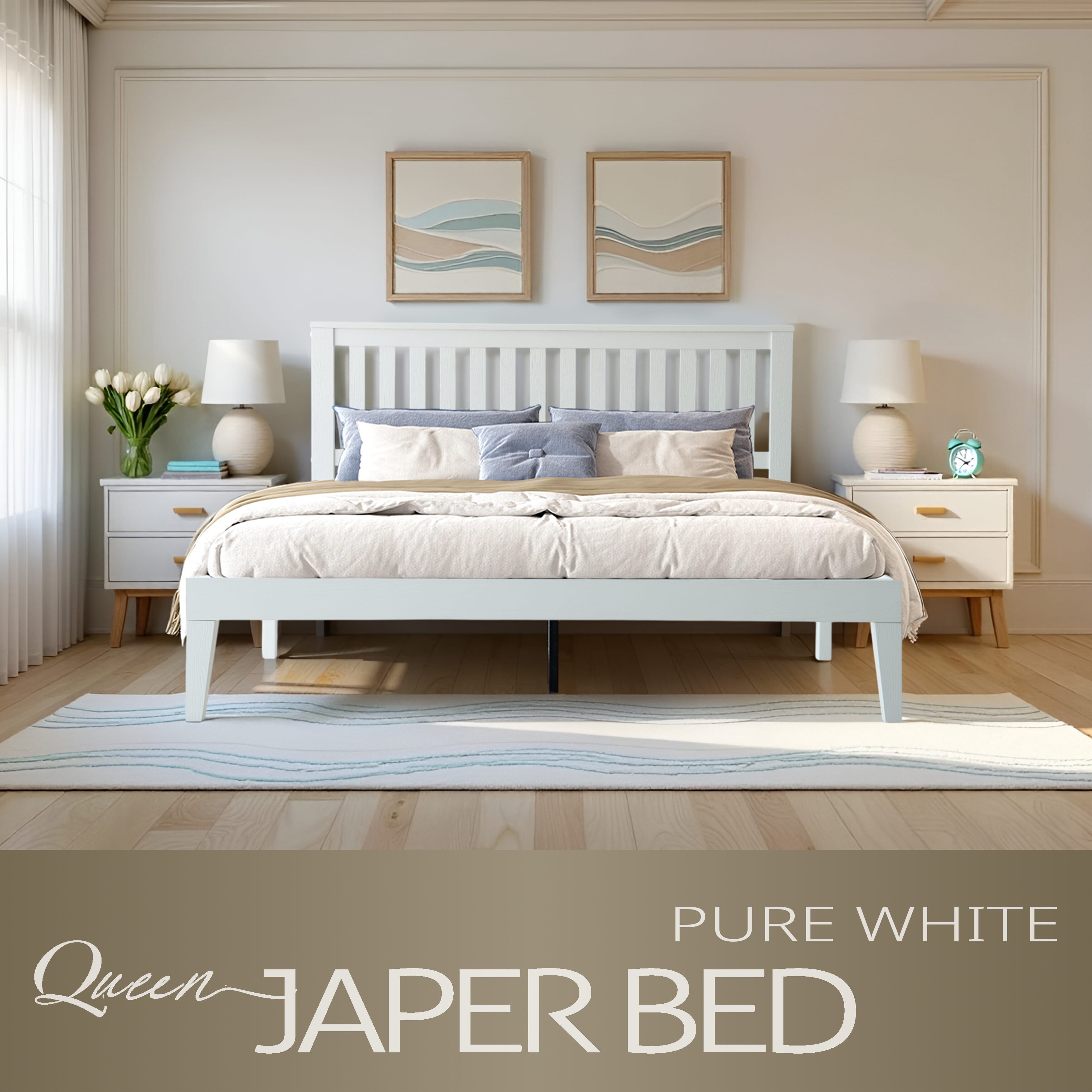 Queen Size Solid Wood Platform Bed Frame with Headboard & Footboard, Metal Legs with 12 Sturdy Slatted Structure, Easy Assembly, No Box Spring Needed, Anti-Noise & Slip-Free, Pure White Finish, JPQ-39