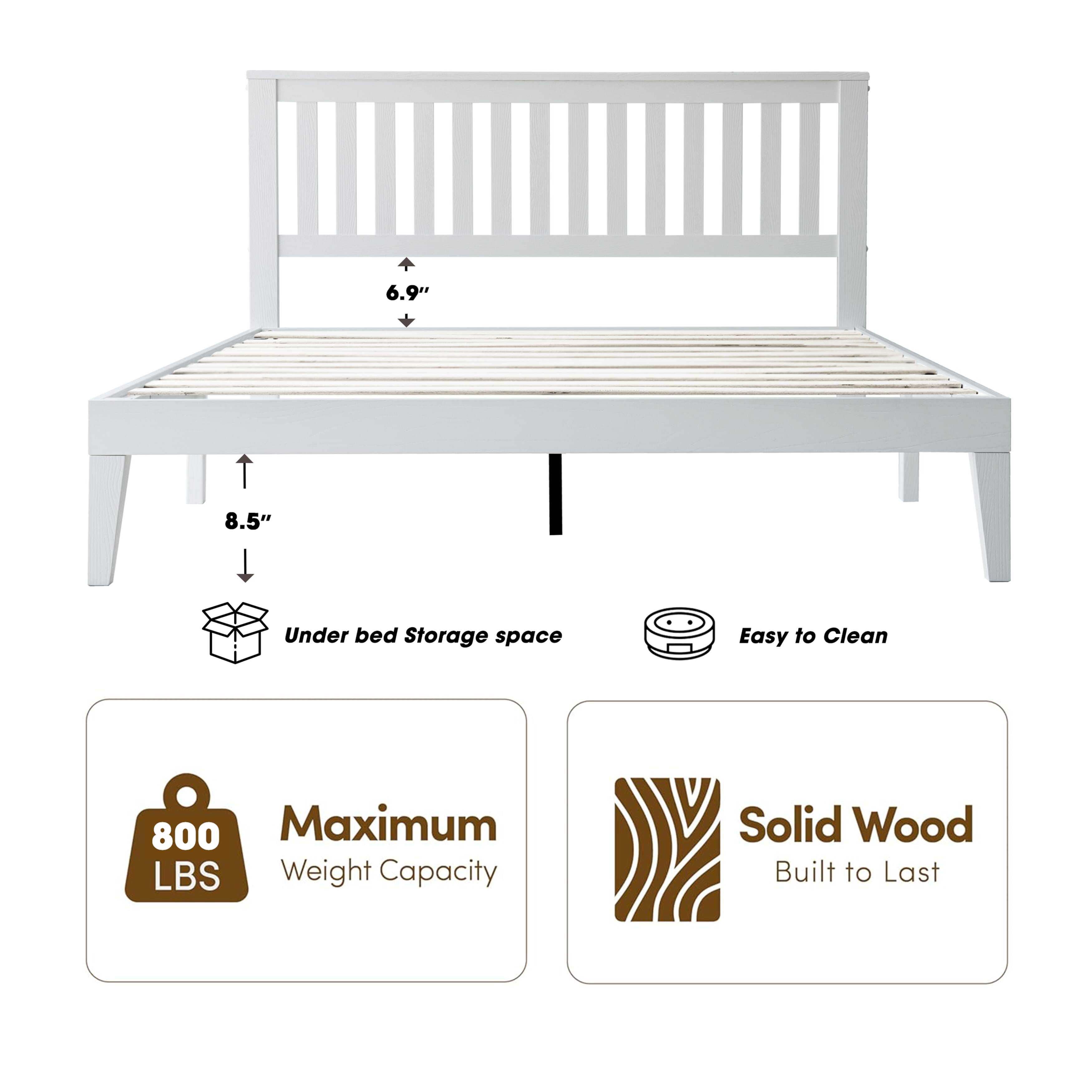 Queen Size Solid Wood Platform Bed Frame with Headboard & Footboard, Metal Legs with 12 Sturdy Slatted Structure, Easy Assembly, No Box Spring Needed, Anti-Noise & Slip-Free, Pure White Finish, JPQ-39