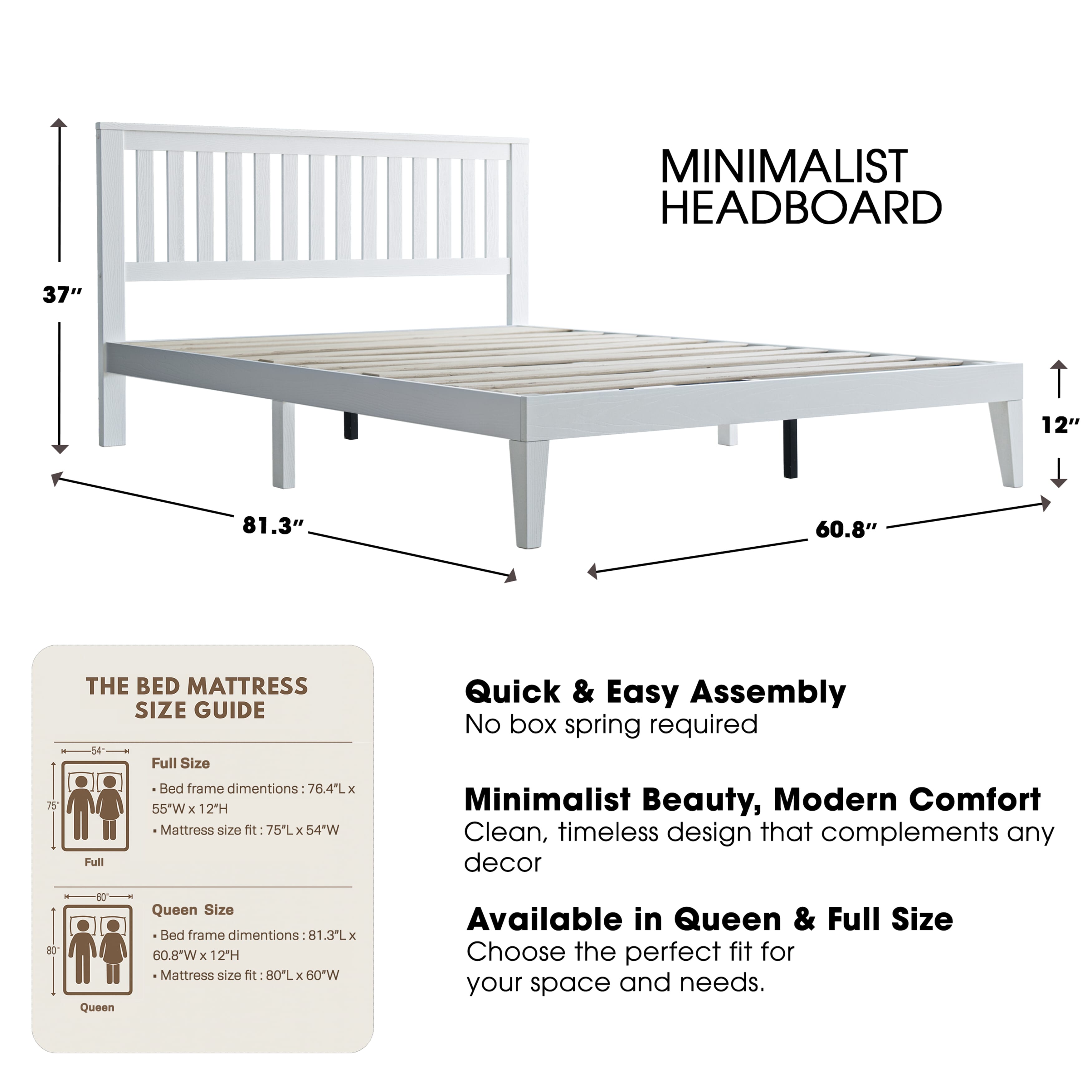 Queen Size Solid Wood Platform Bed Frame with Headboard & Footboard, Metal Legs with 12 Sturdy Slatted Structure, Easy Assembly, No Box Spring Needed, Anti-Noise & Slip-Free, Pure White Finish, JPQ-39
