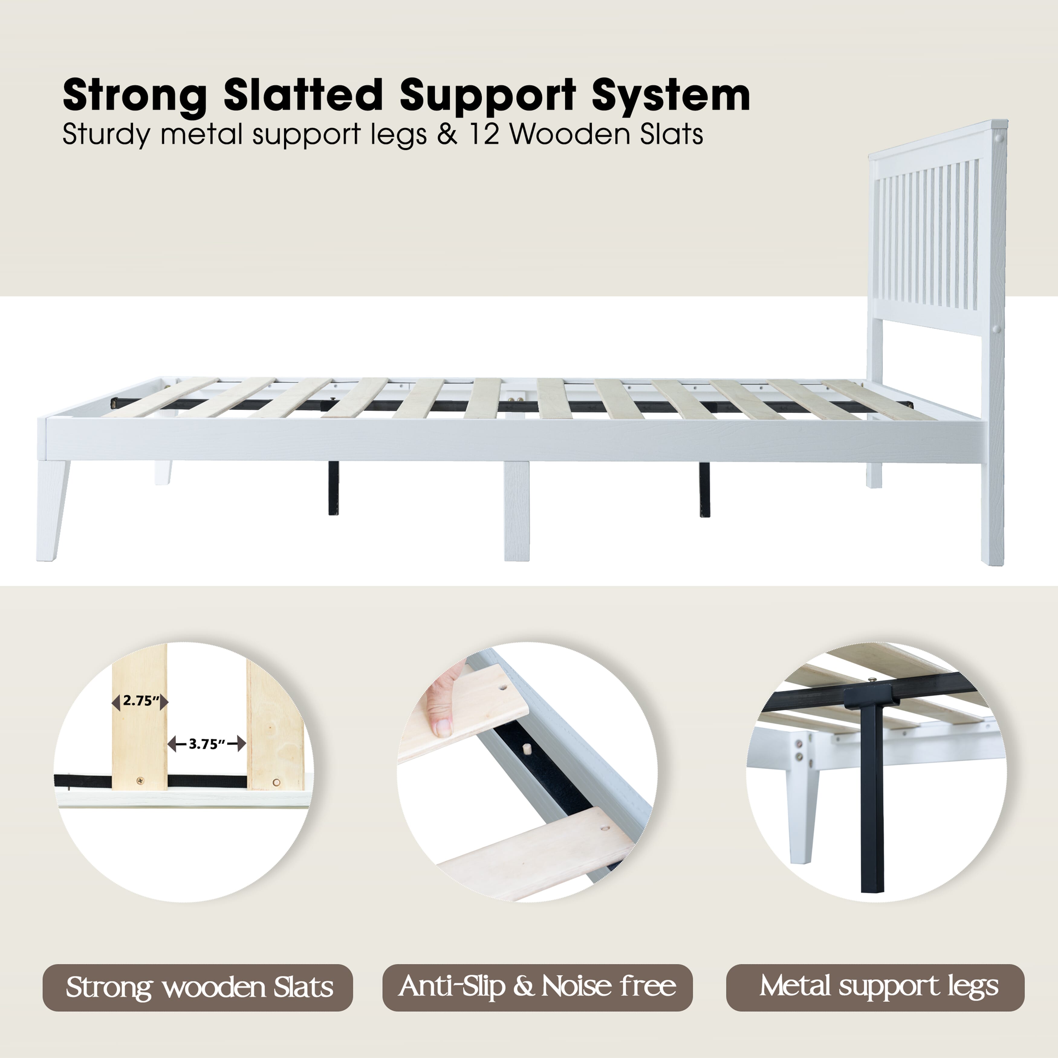Queen Size Solid Wood Platform Bed Frame with Headboard & Footboard, Metal Legs with 12 Sturdy Slatted Structure, Easy Assembly, No Box Spring Needed, Anti-Noise & Slip-Free, Pure White Finish, JPQ-39