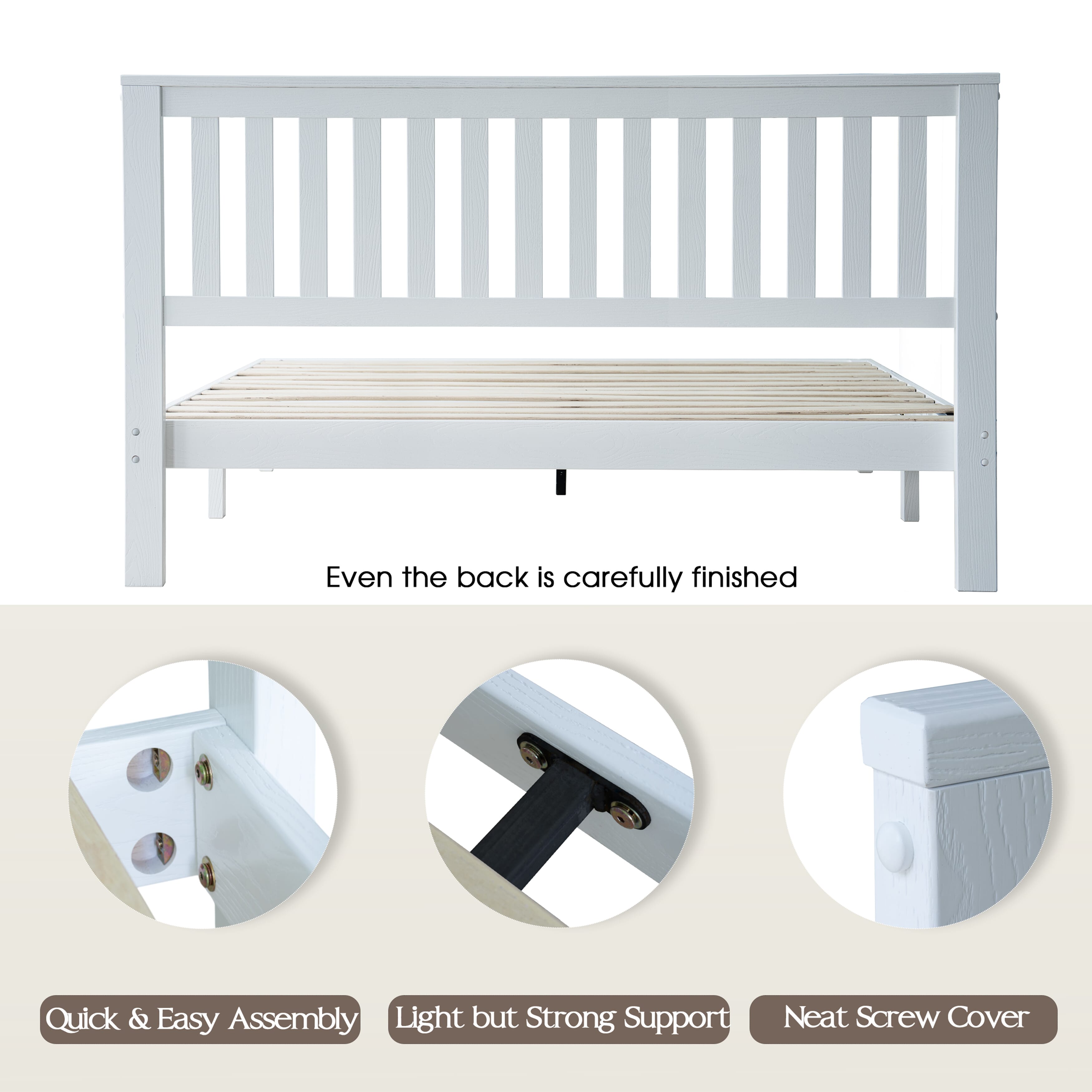 Queen Size Solid Wood Platform Bed Frame with Headboard & Footboard, Metal Legs with 12 Sturdy Slatted Structure, Easy Assembly, No Box Spring Needed, Anti-Noise & Slip-Free, Pure White Finish, JPQ-39